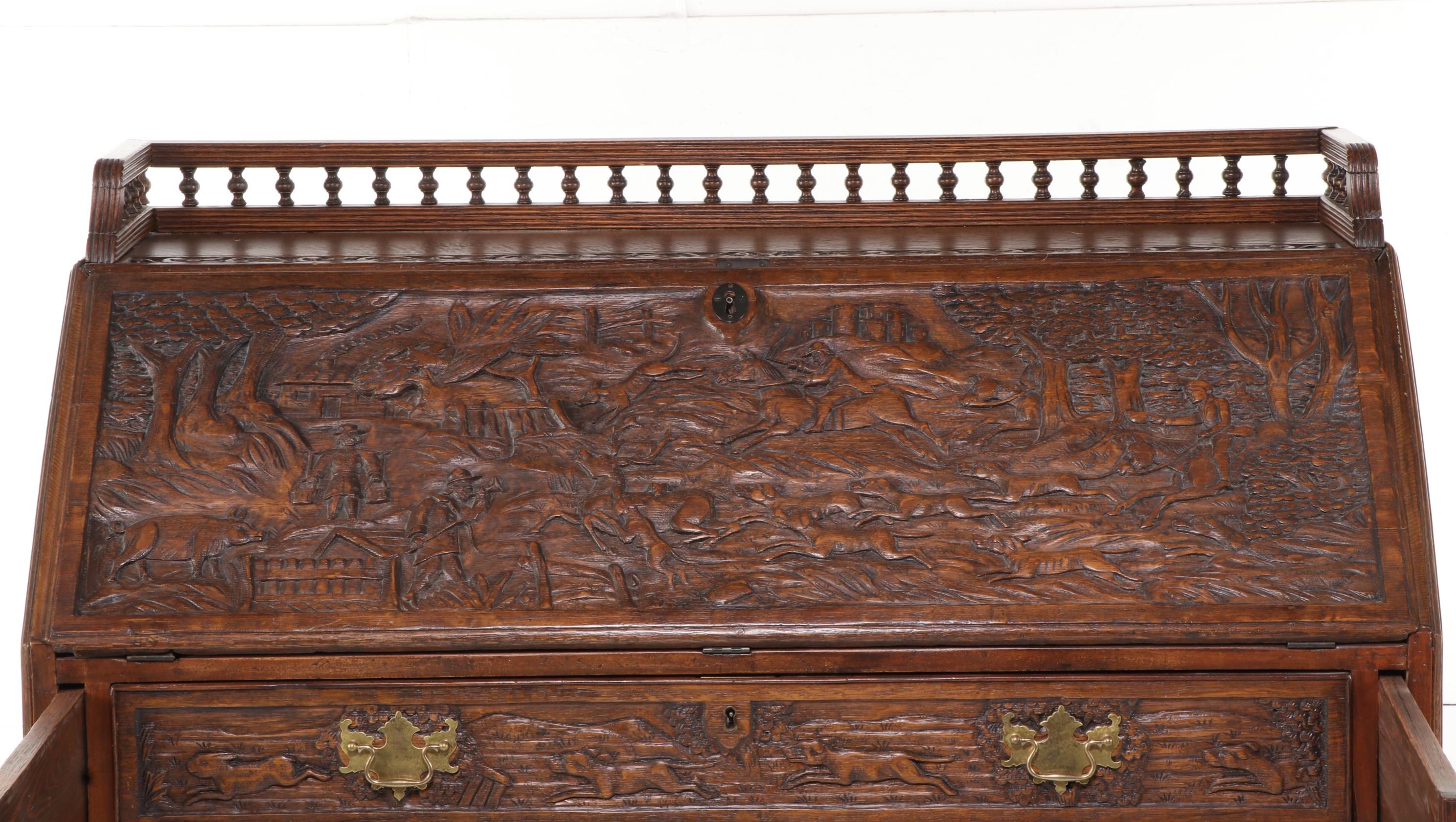 Relief-Carved Oak Bureau with Hunting Scenes, 20th Century