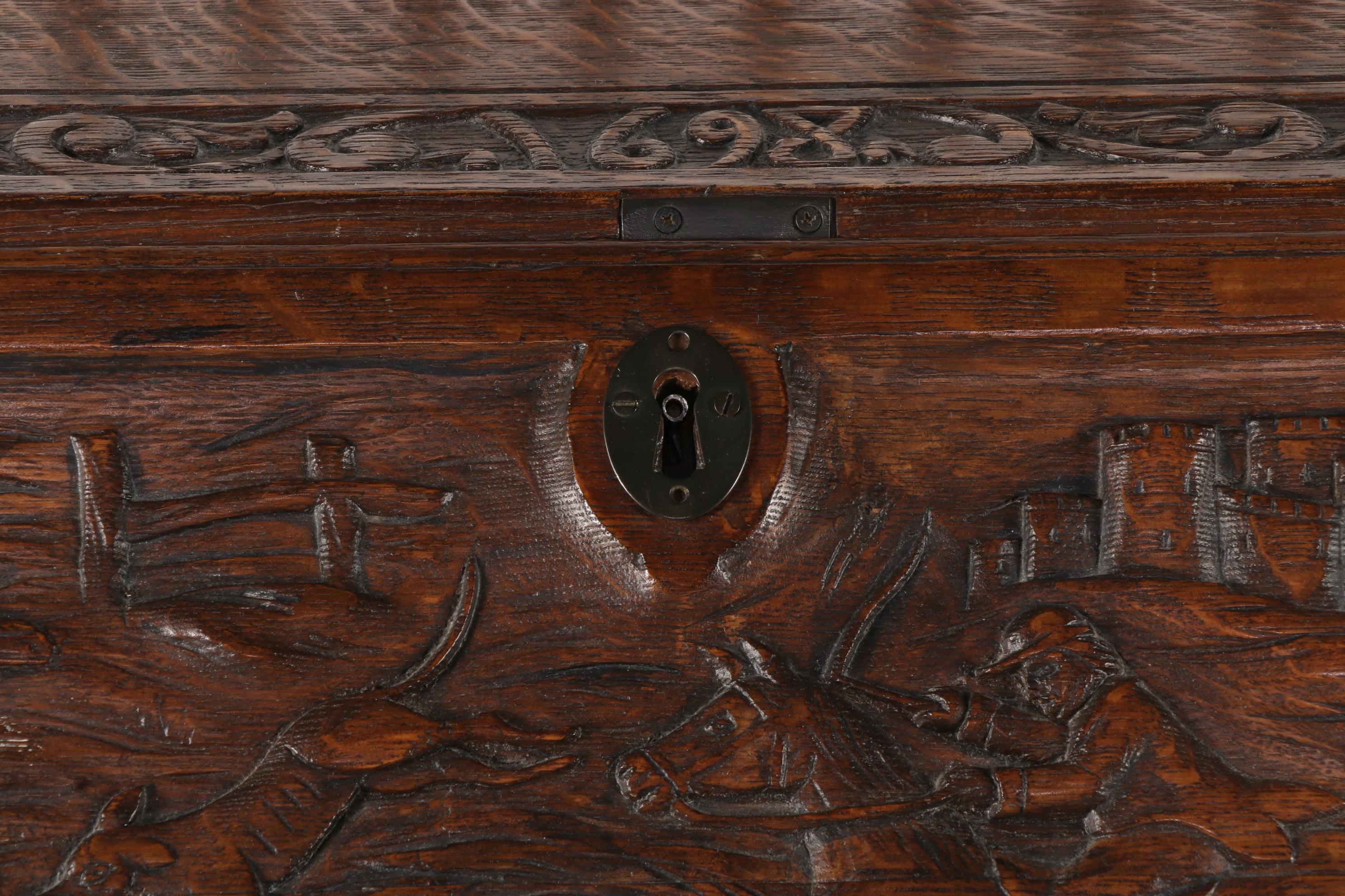Relief-Carved Oak Bureau with Hunting Scenes, 20th Century