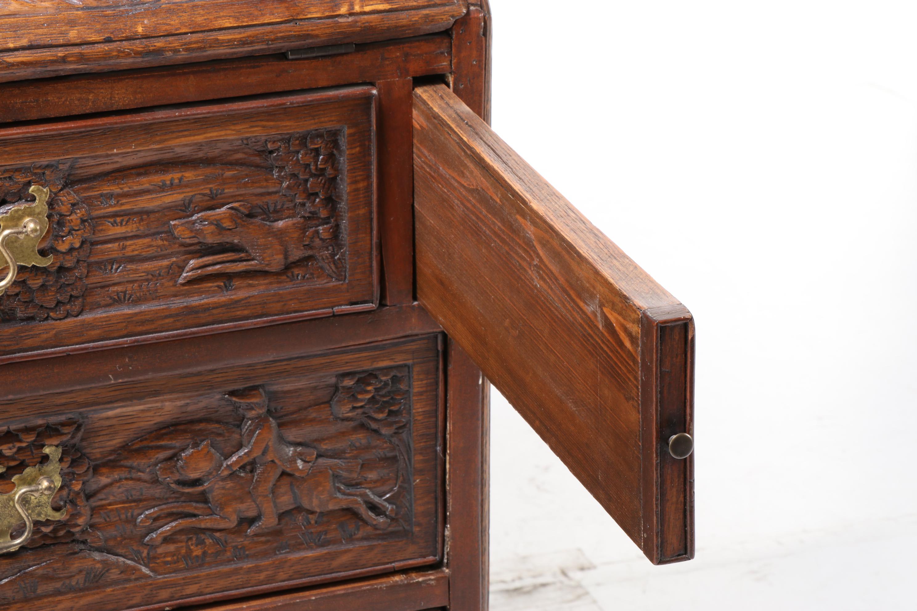 Relief-Carved Oak Bureau with Hunting Scenes, 20th Century