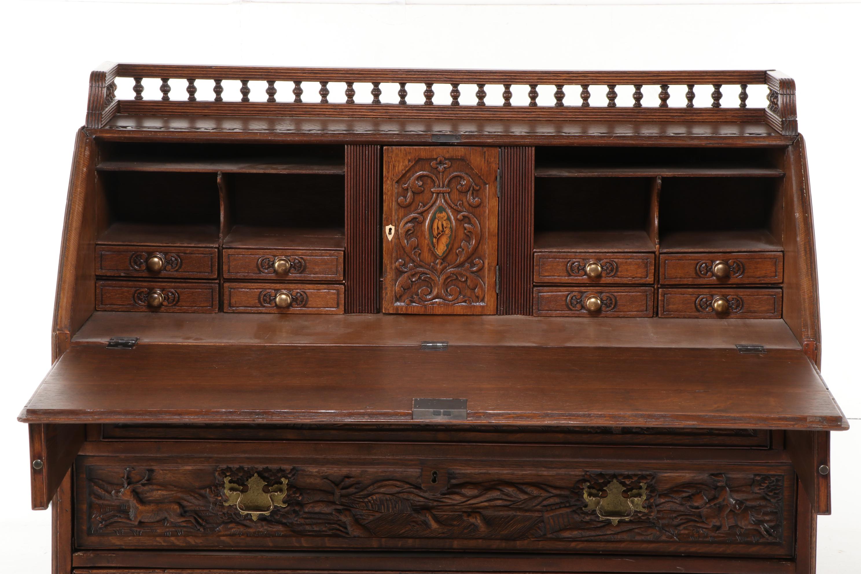 Relief-Carved Oak Bureau with Hunting Scenes, 20th Century