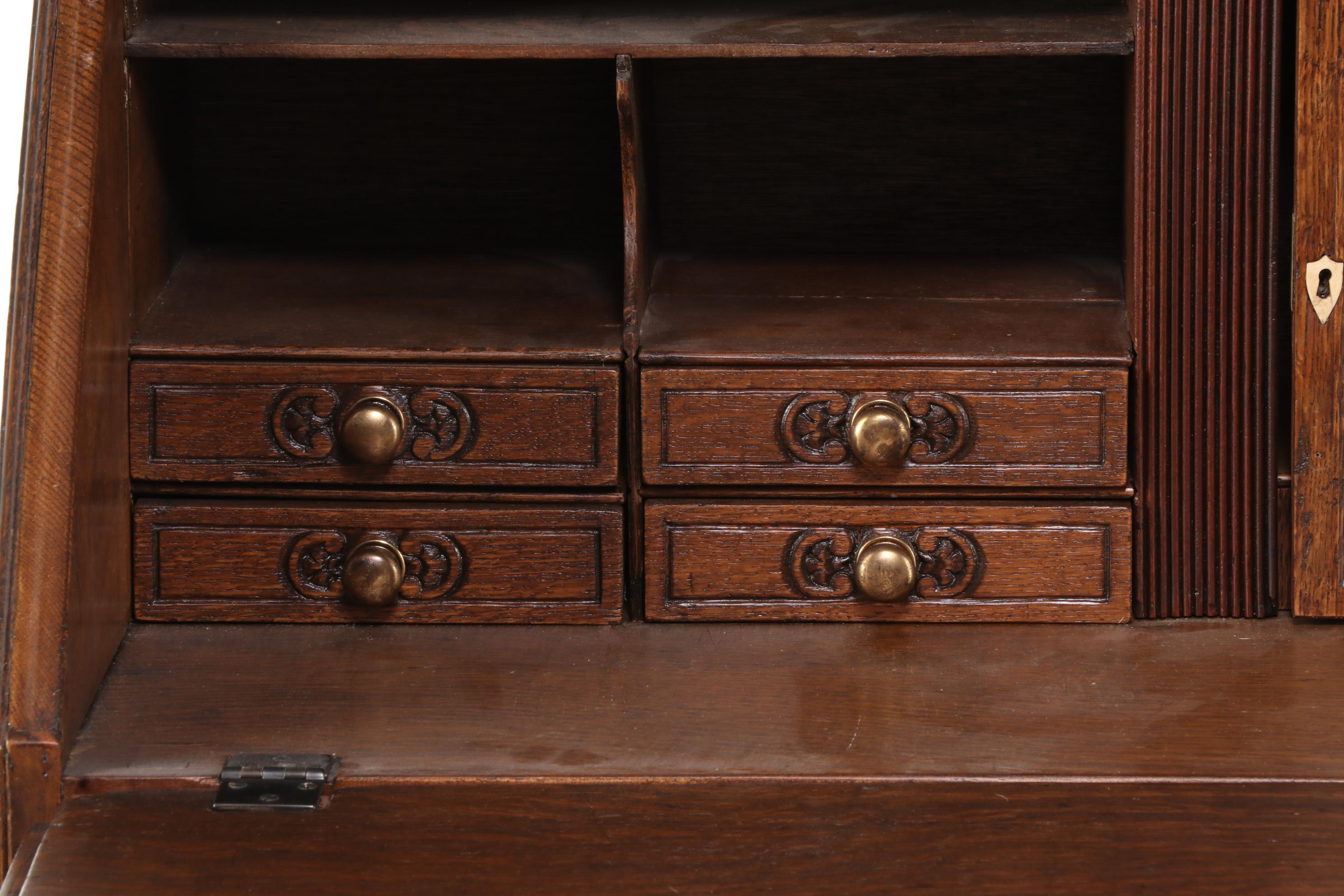 Relief-Carved Oak Bureau with Hunting Scenes, 20th Century