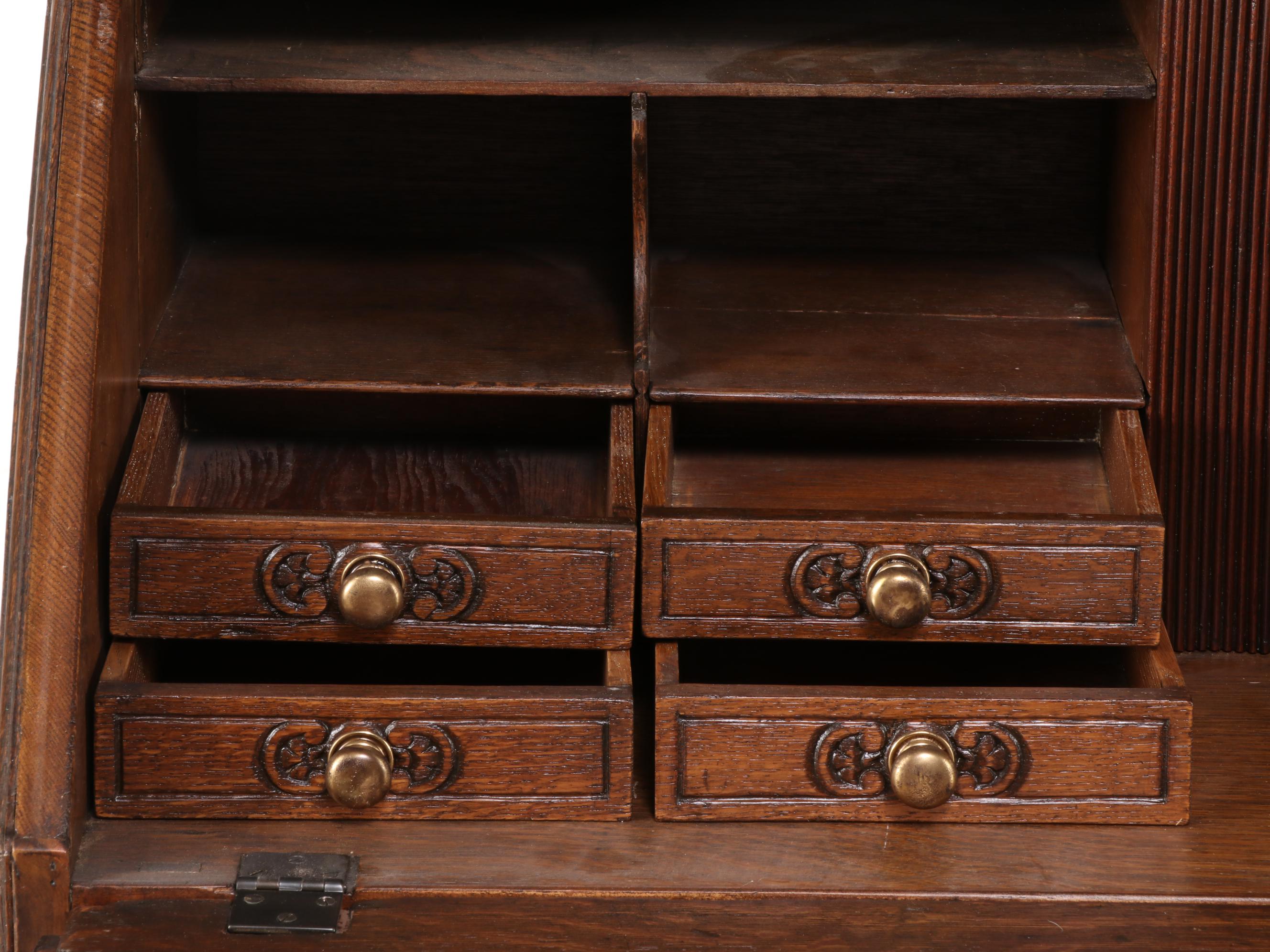 Relief-Carved Oak Bureau with Hunting Scenes, 20th Century