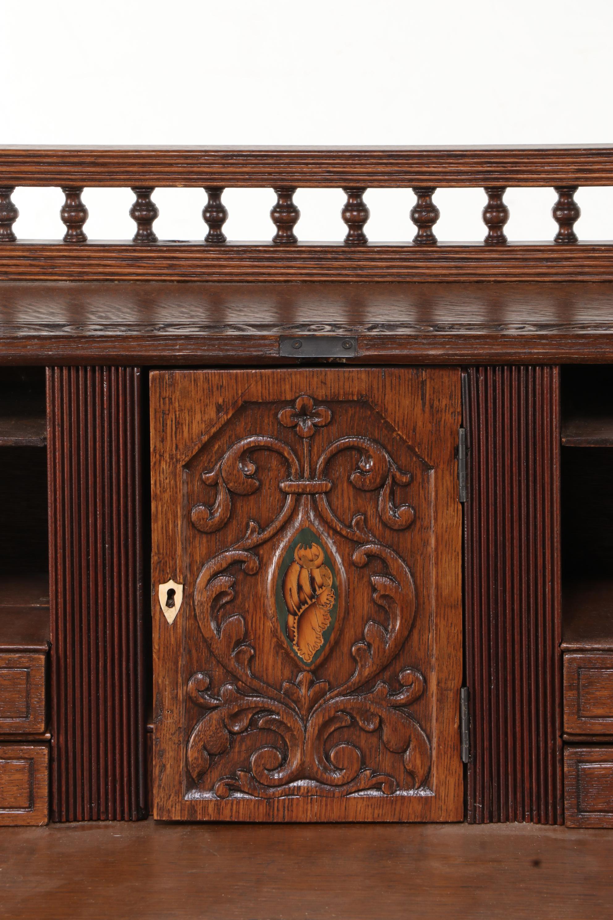 Relief-Carved Oak Bureau with Hunting Scenes, 20th Century