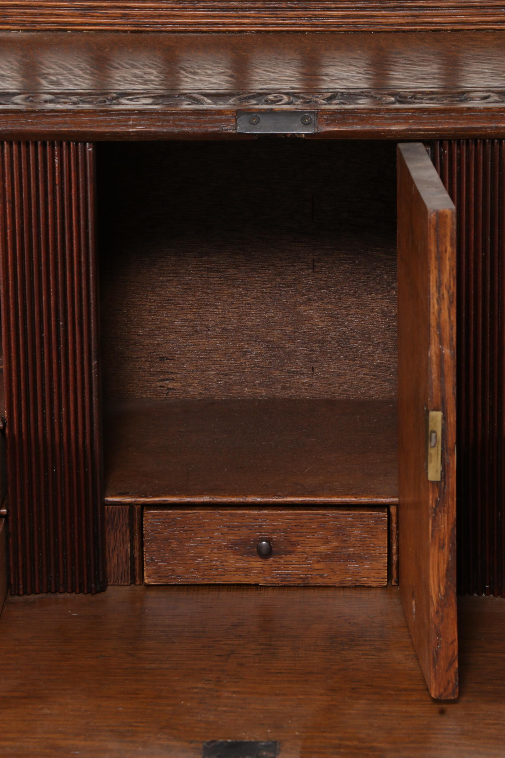 Relief-Carved Oak Bureau with Hunting Scenes, 20th Century
