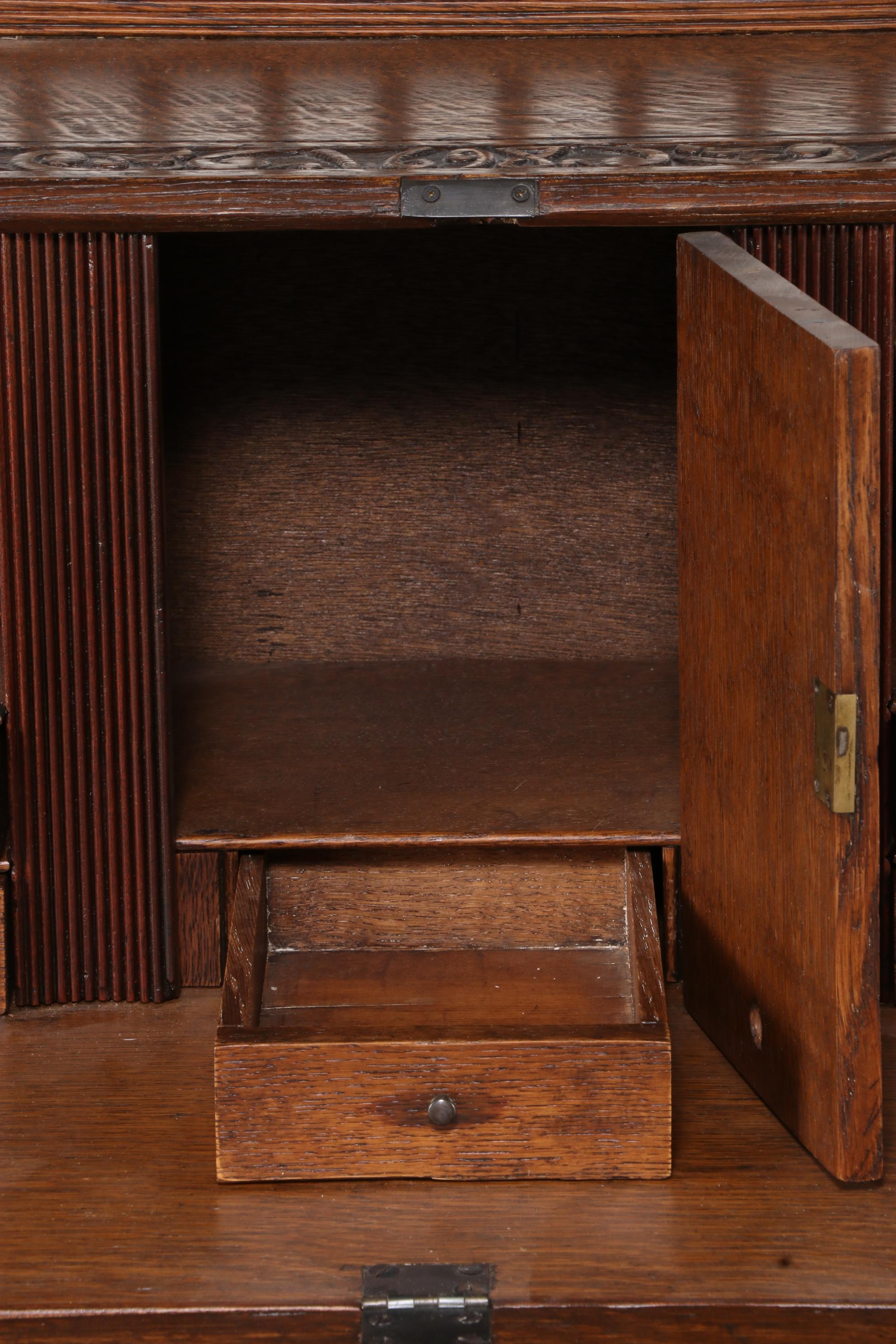 Relief-Carved Oak Bureau with Hunting Scenes, 20th Century
