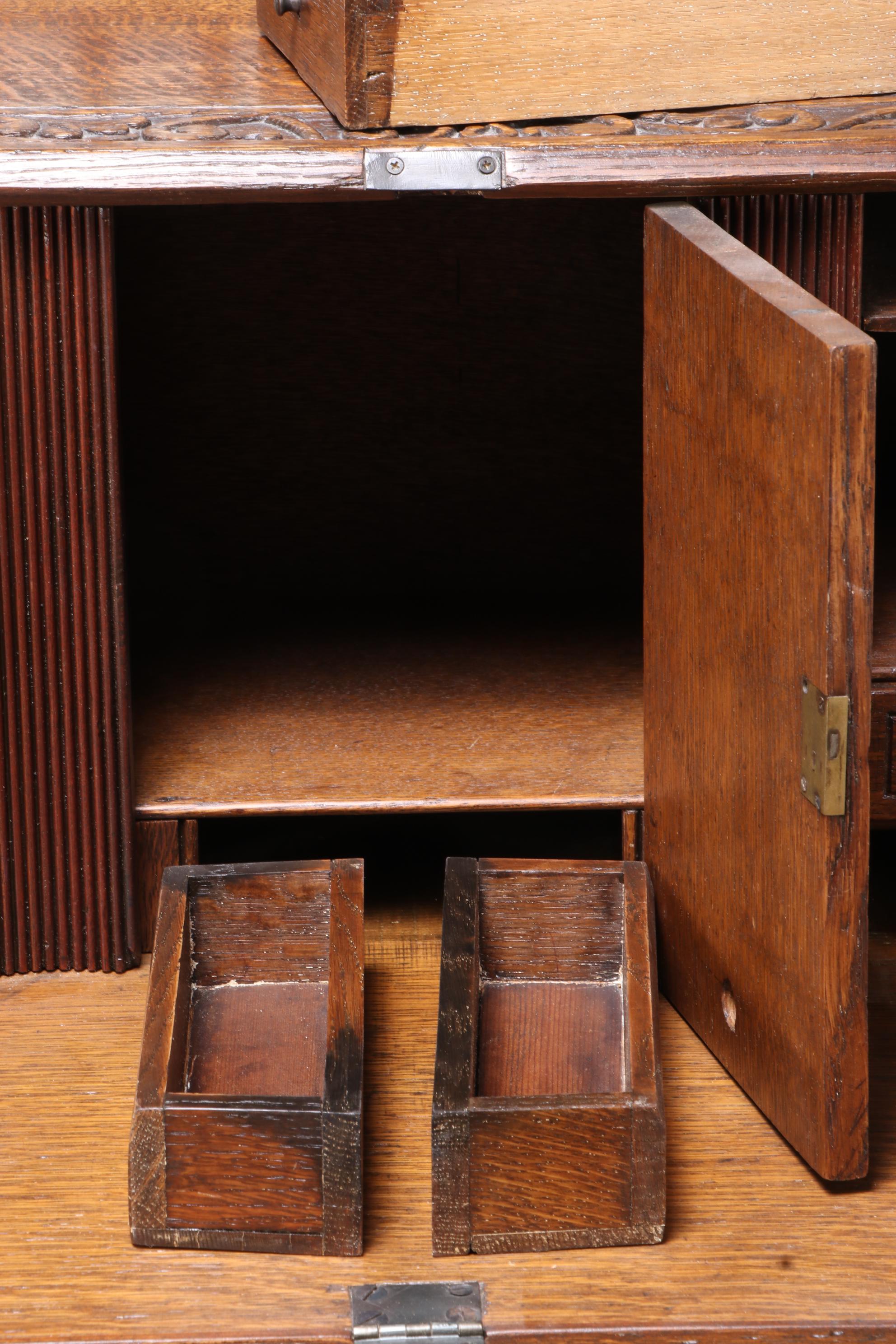 Relief-Carved Oak Bureau with Hunting Scenes, 20th Century