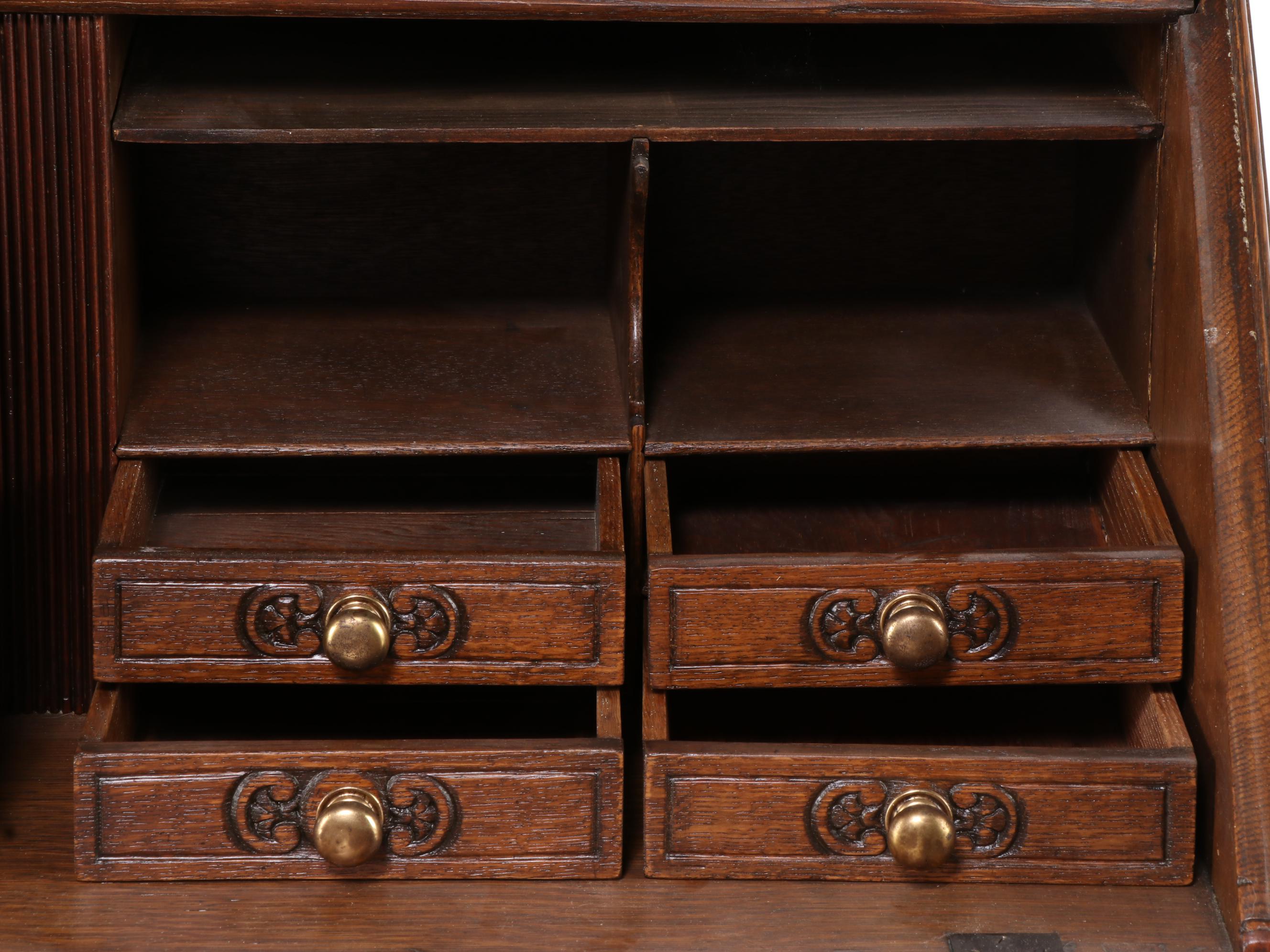 Relief-Carved Oak Bureau with Hunting Scenes, 20th Century