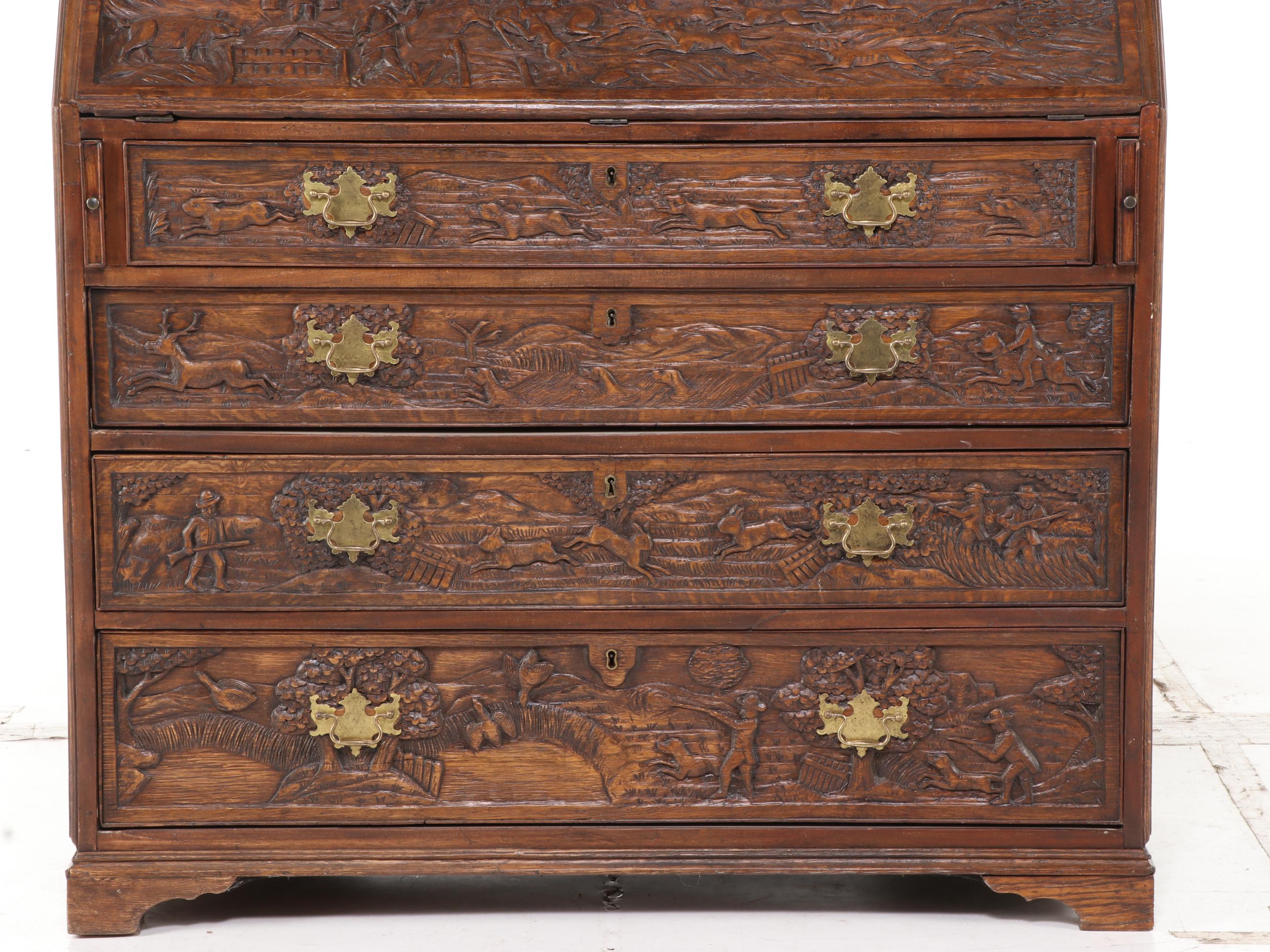 Relief-Carved Oak Bureau with Hunting Scenes, 20th Century