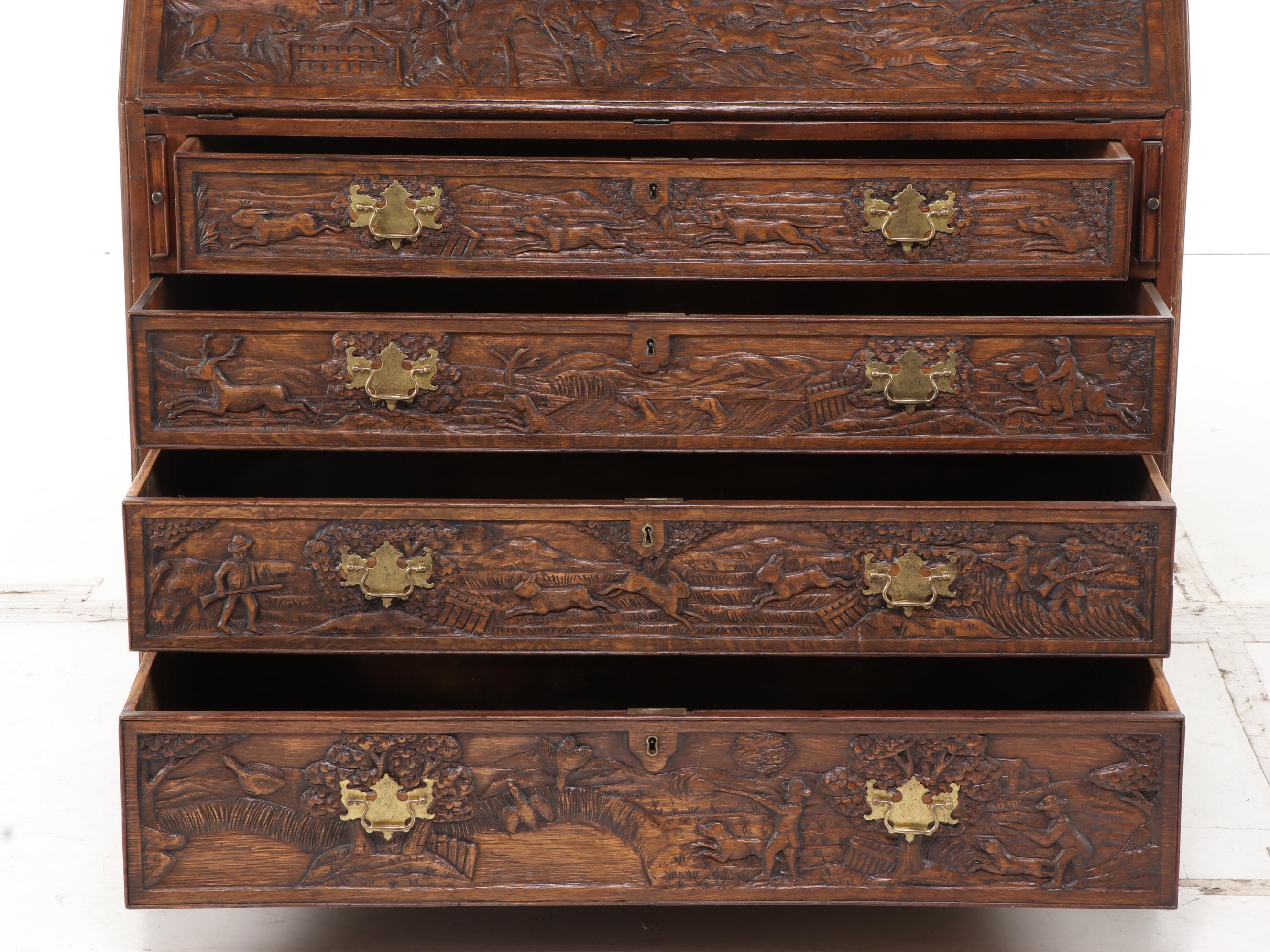 Relief-Carved Oak Bureau with Hunting Scenes, 20th Century