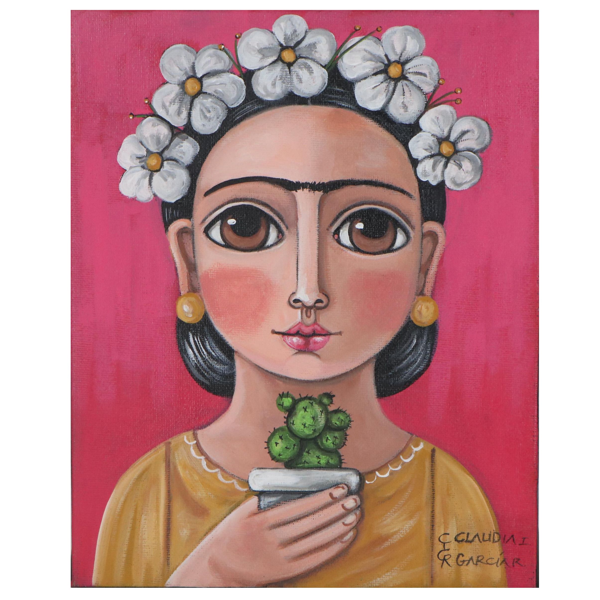 Claudia García Mexican Folk Art Acrylic Painting of Frida Kahlo, 21st Century