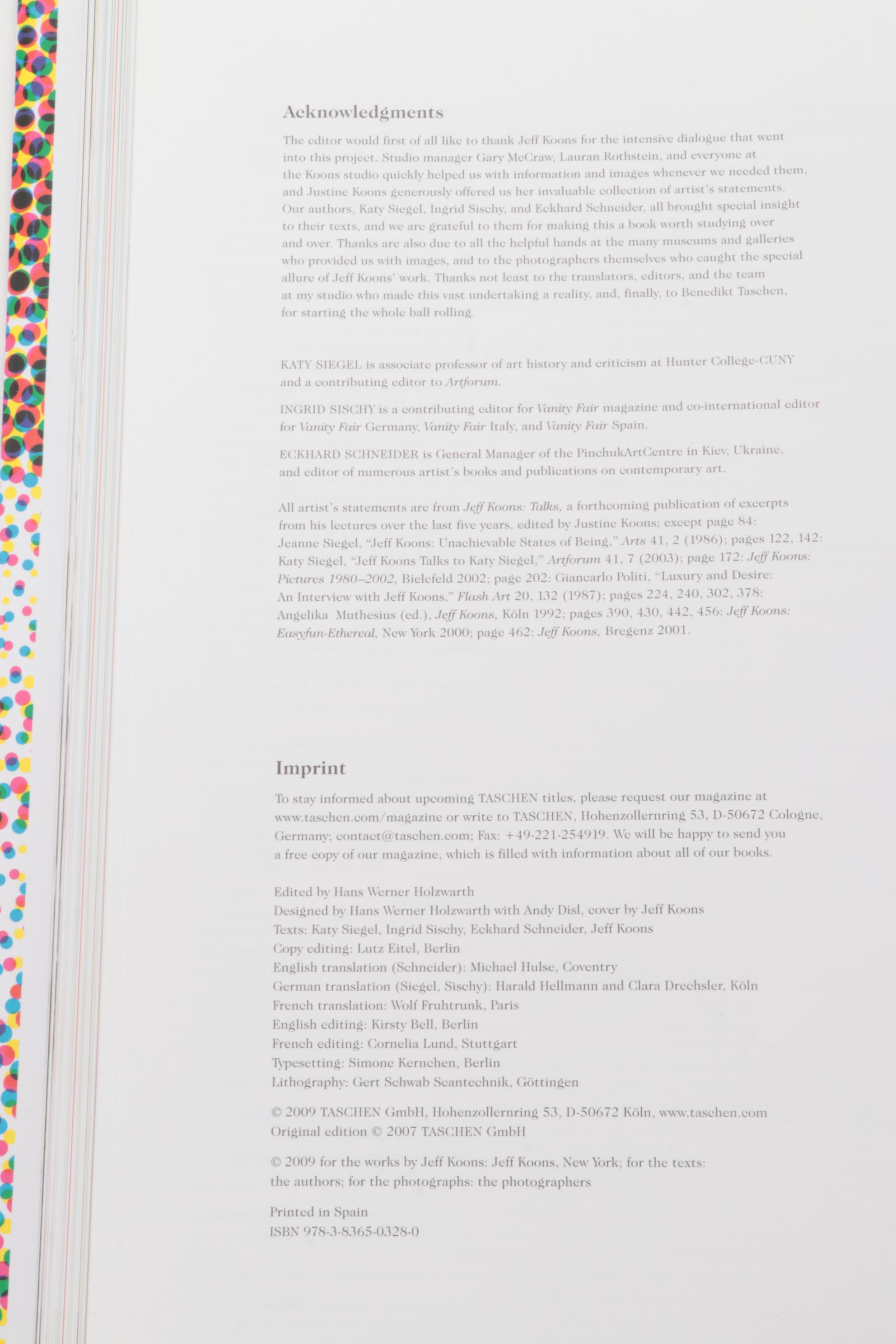 "Jeff Koons" Art Reference Book Edited by Hans Werner Holzwarth, 2009