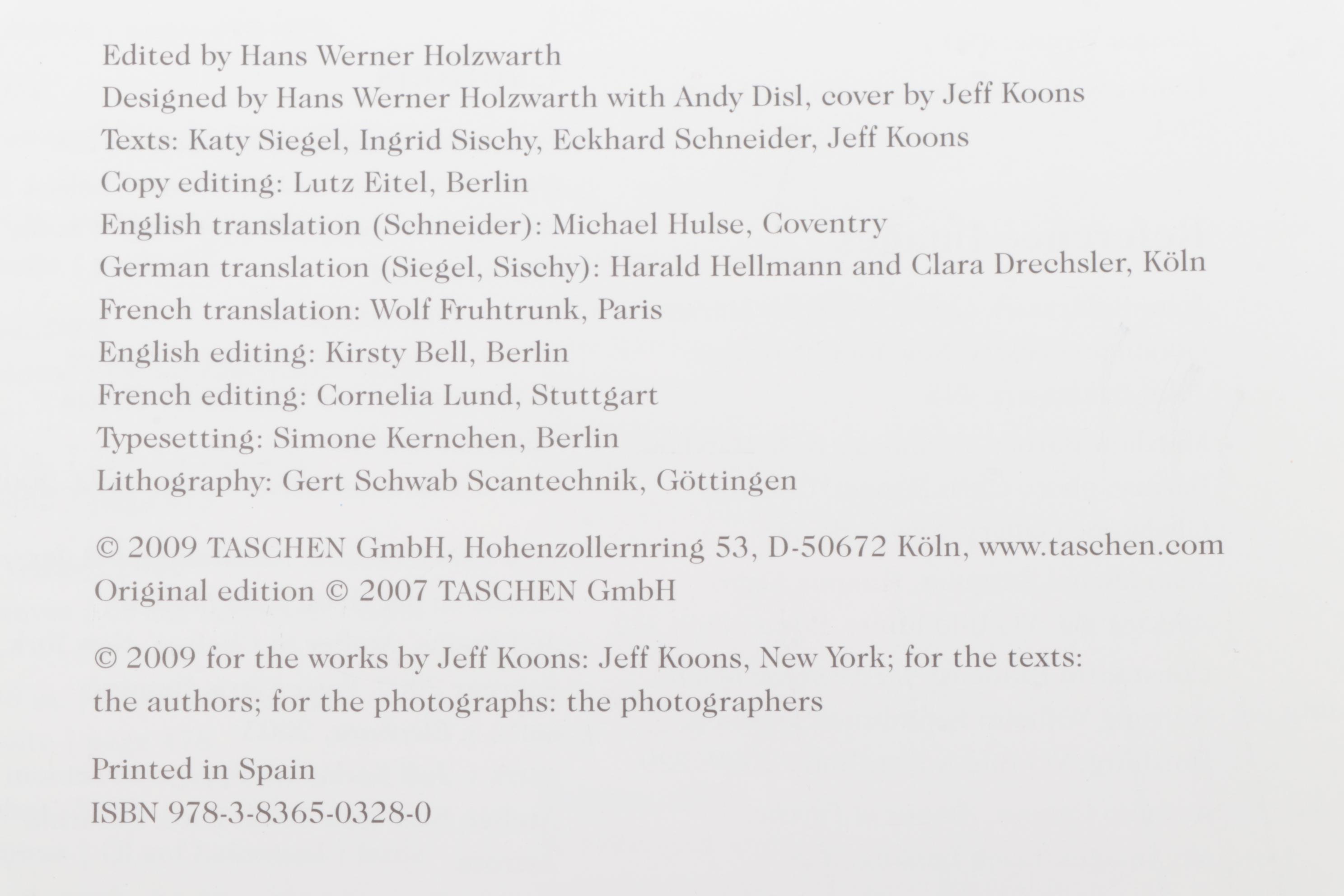 "Jeff Koons" Art Reference Book Edited by Hans Werner Holzwarth, 2009