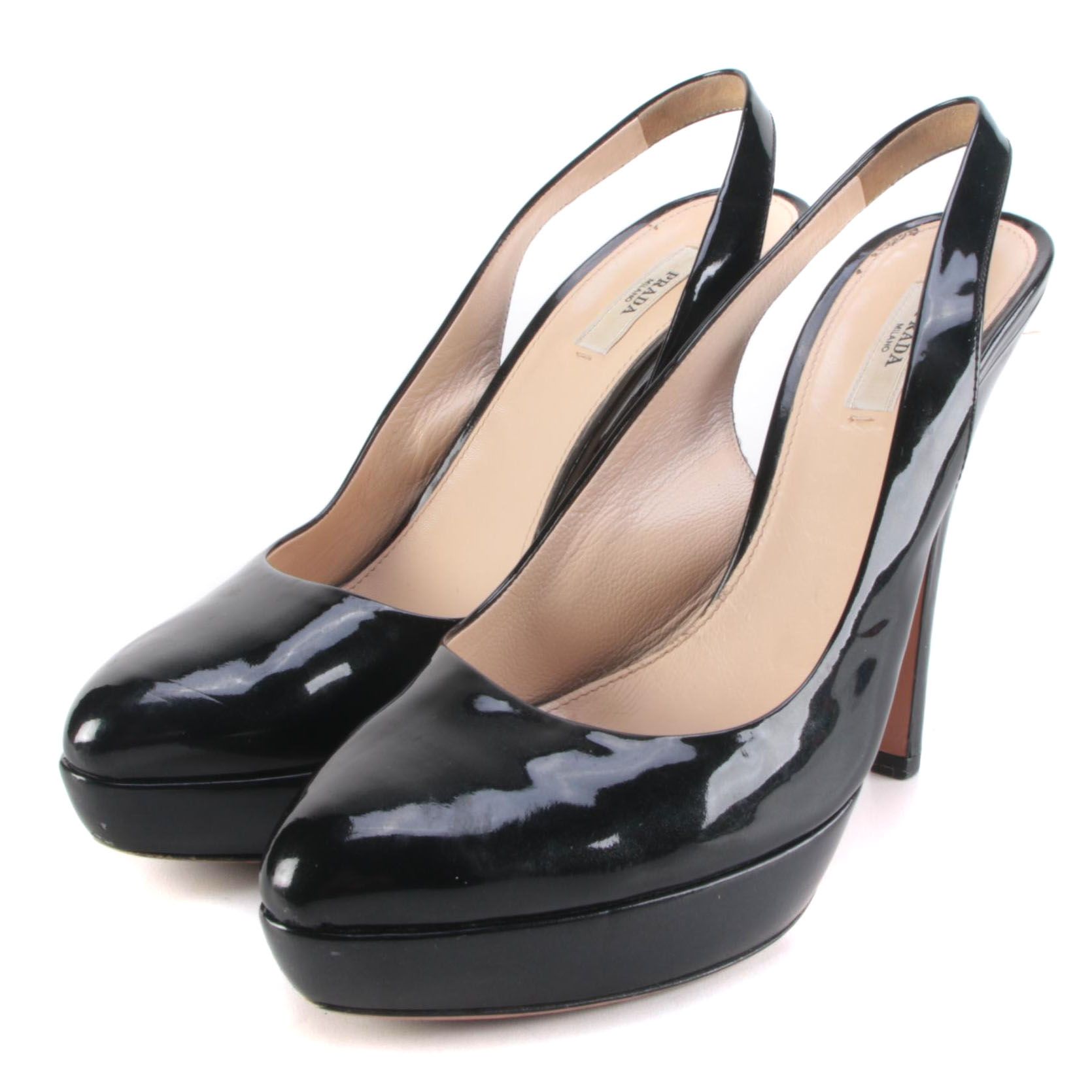 Prada Black Patent Leather Slingback Platform Heels