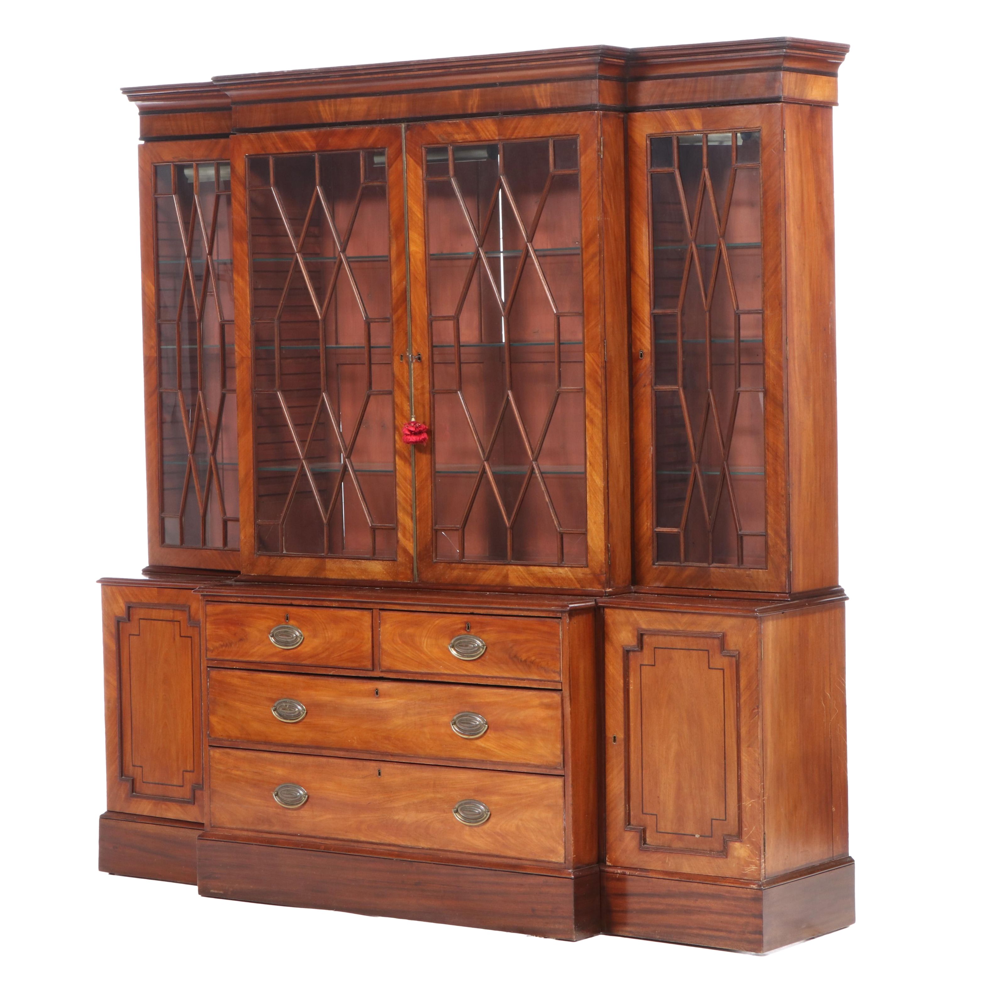 George III Mahogany and String-Inlaid Breakfront Bookcase, circa 1800