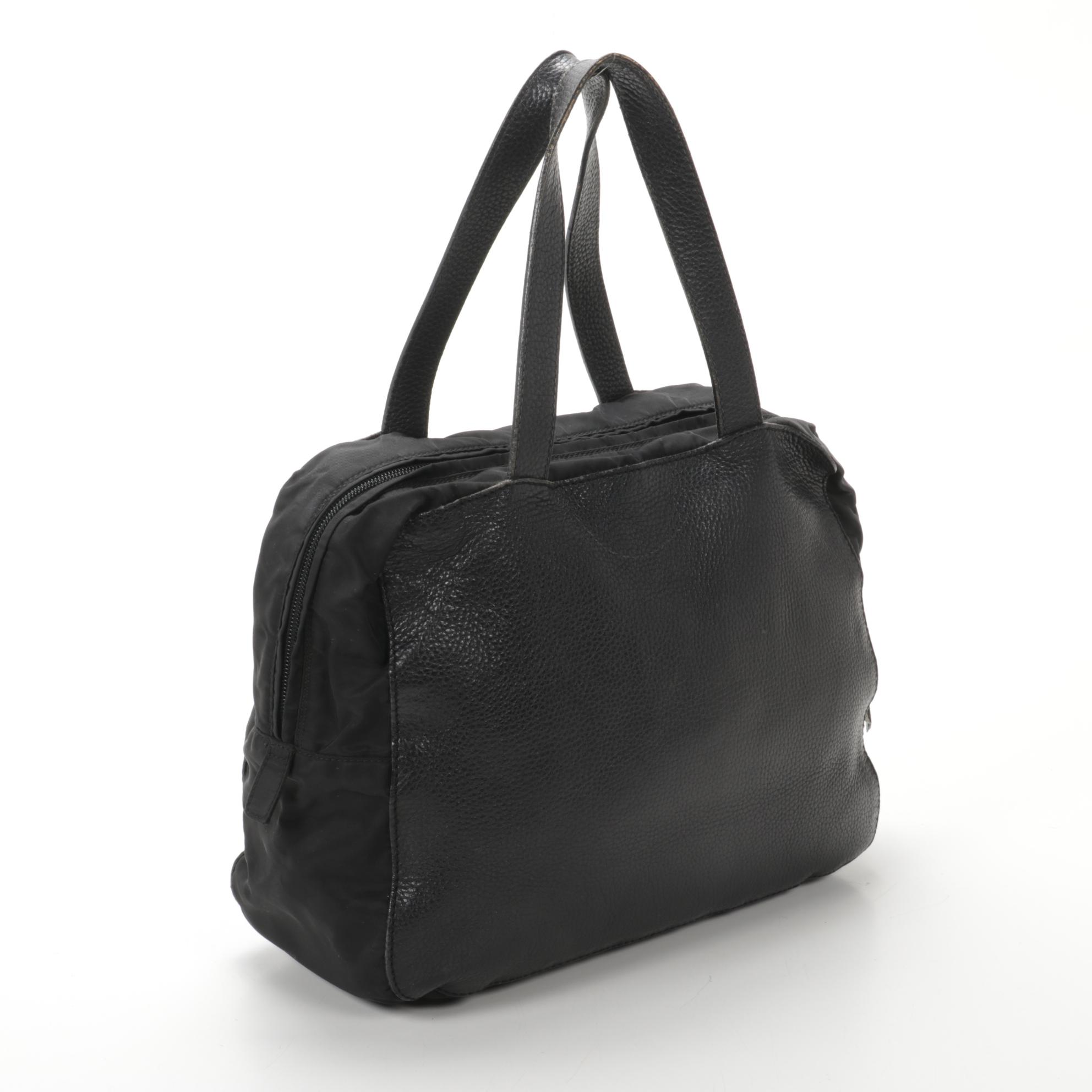 Prada Black Daino Leather and Tessuto Nylon Bowler Bag