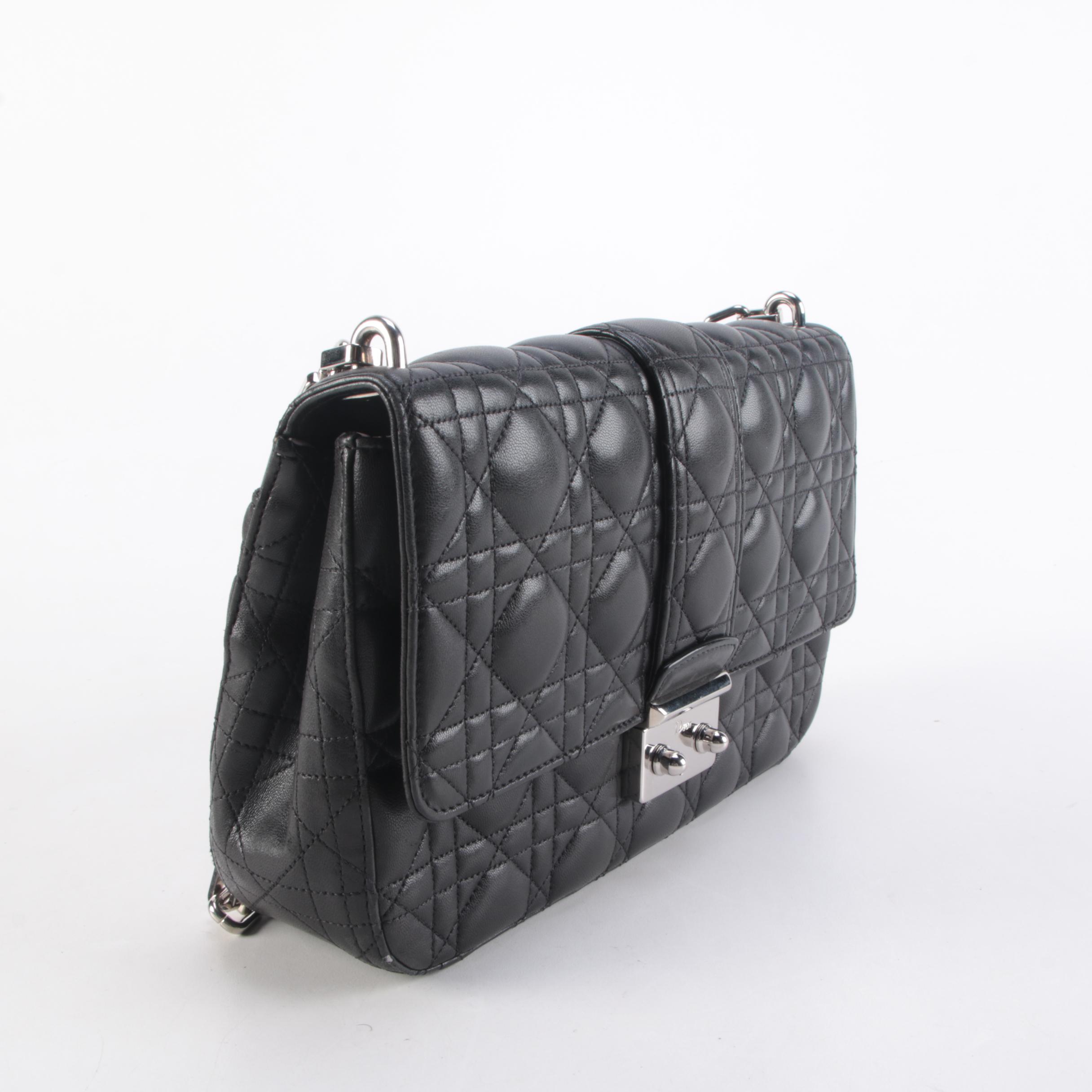 Christian Dior Miss Dior Cannage Quilted Black Lambskin Front Flap Shoulder Bag