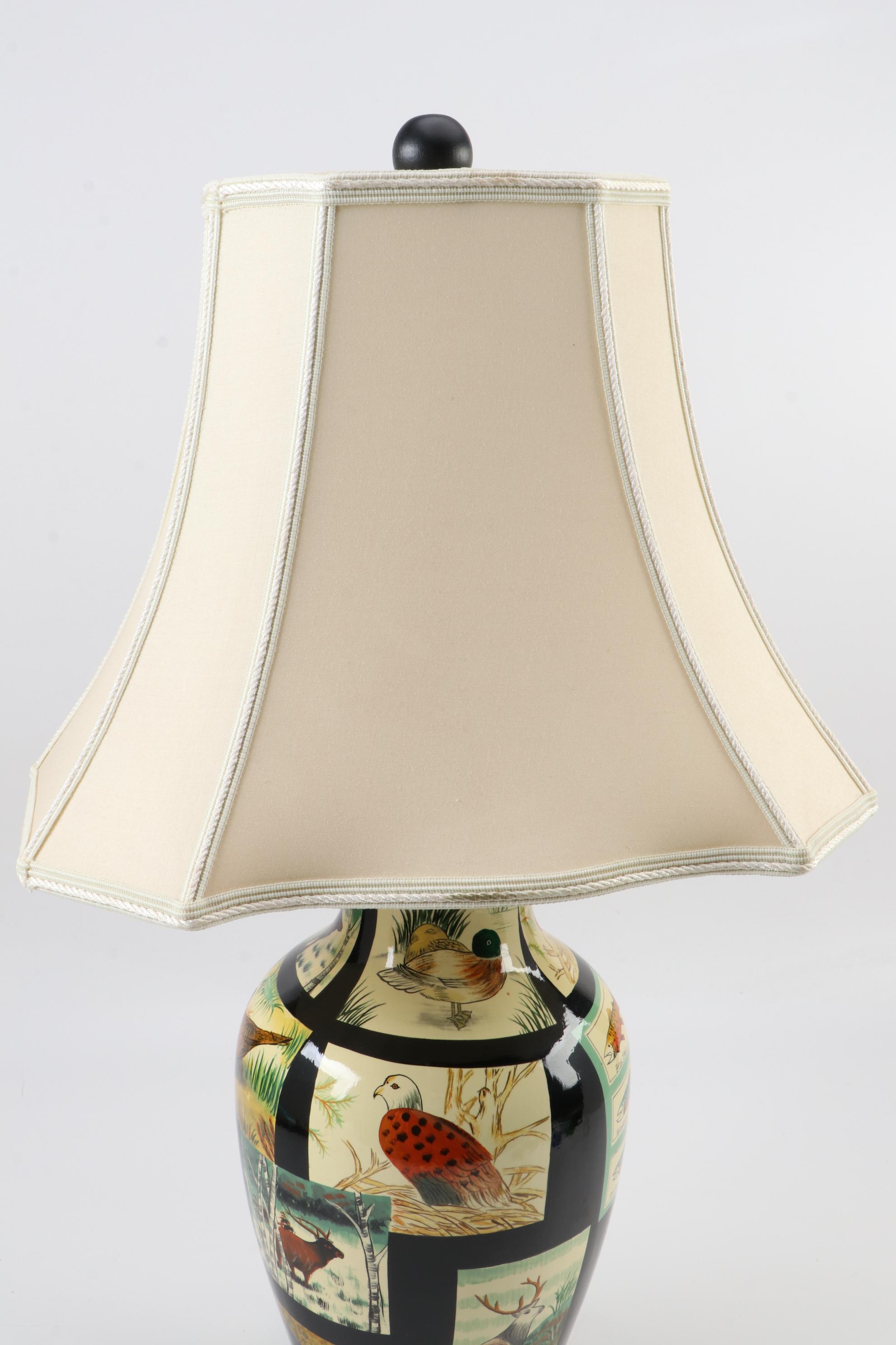 Bob Timberlake Hand-Painted Woodland Motif Ceramic Vase Table Lamp