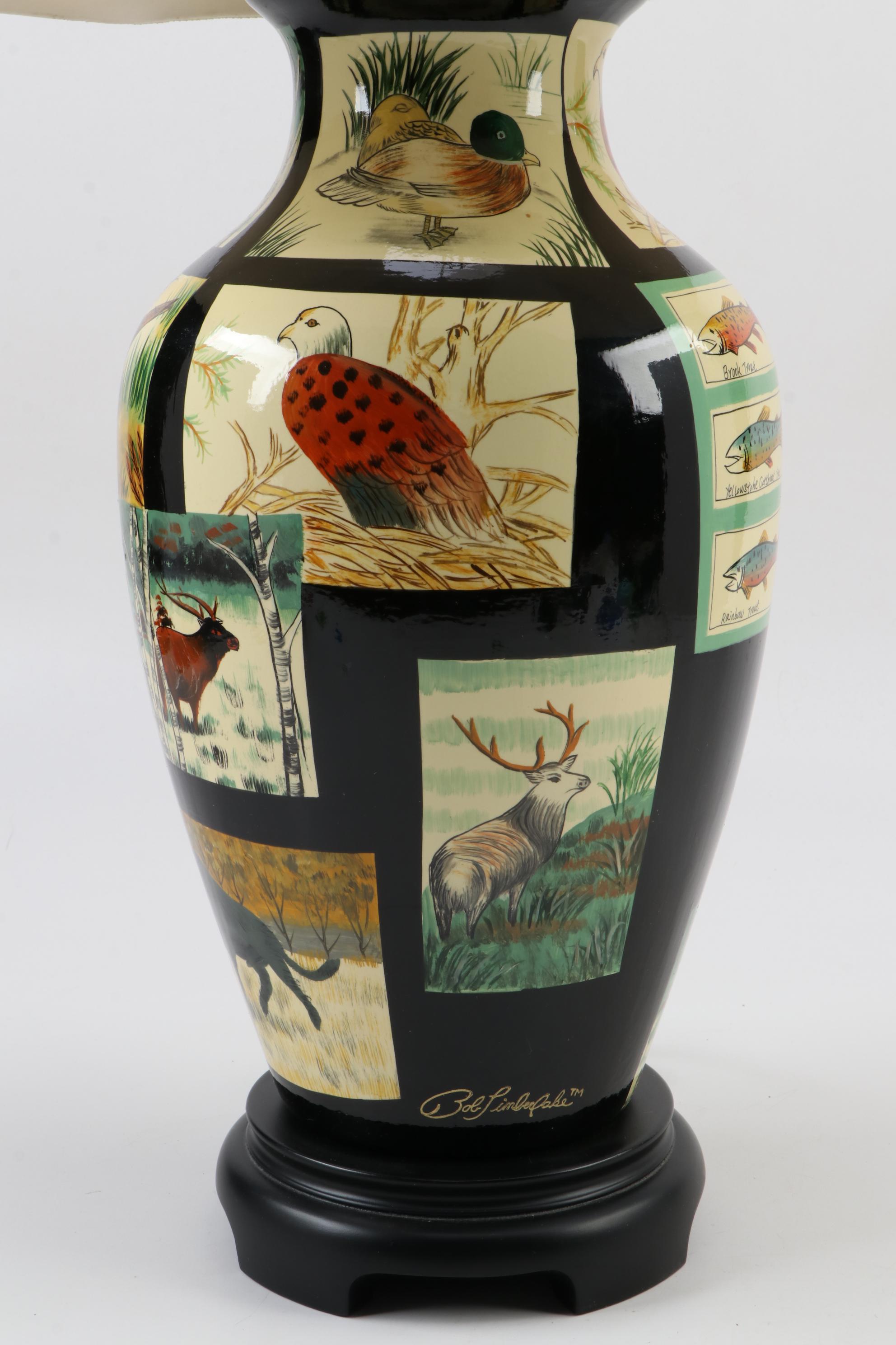 Bob Timberlake Hand-Painted Woodland Motif Ceramic Vase Table Lamp