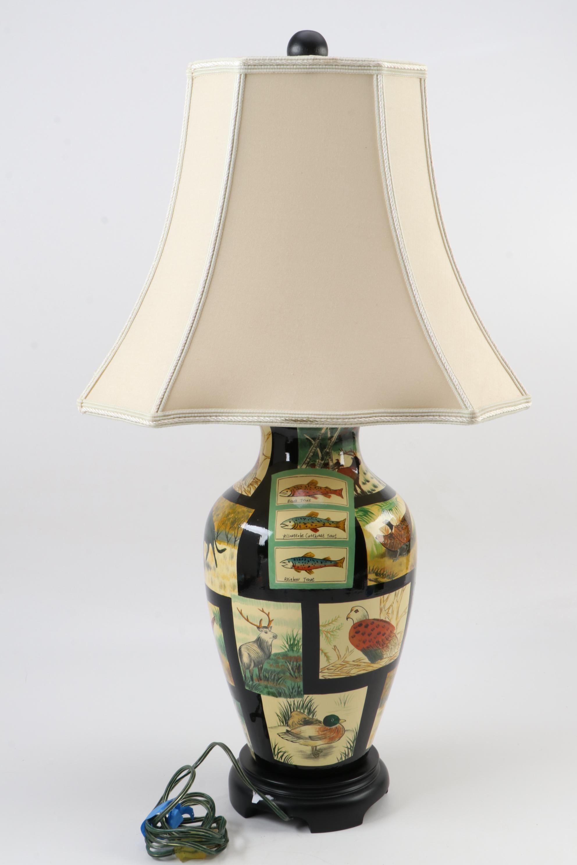 Bob Timberlake Hand-Painted Woodland Motif Ceramic Vase Table Lamp