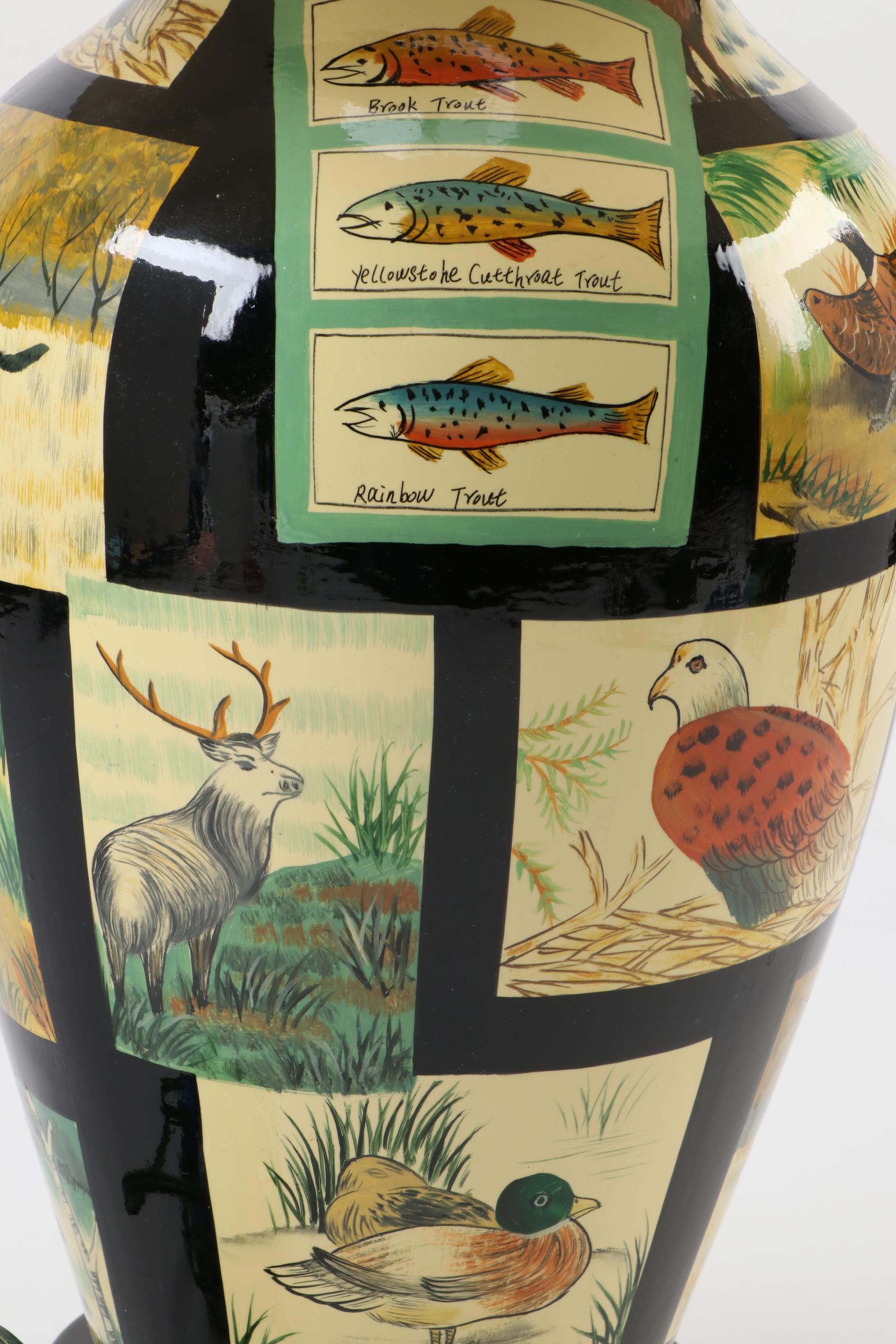 Bob Timberlake Hand-Painted Woodland Motif Ceramic Vase Table Lamp