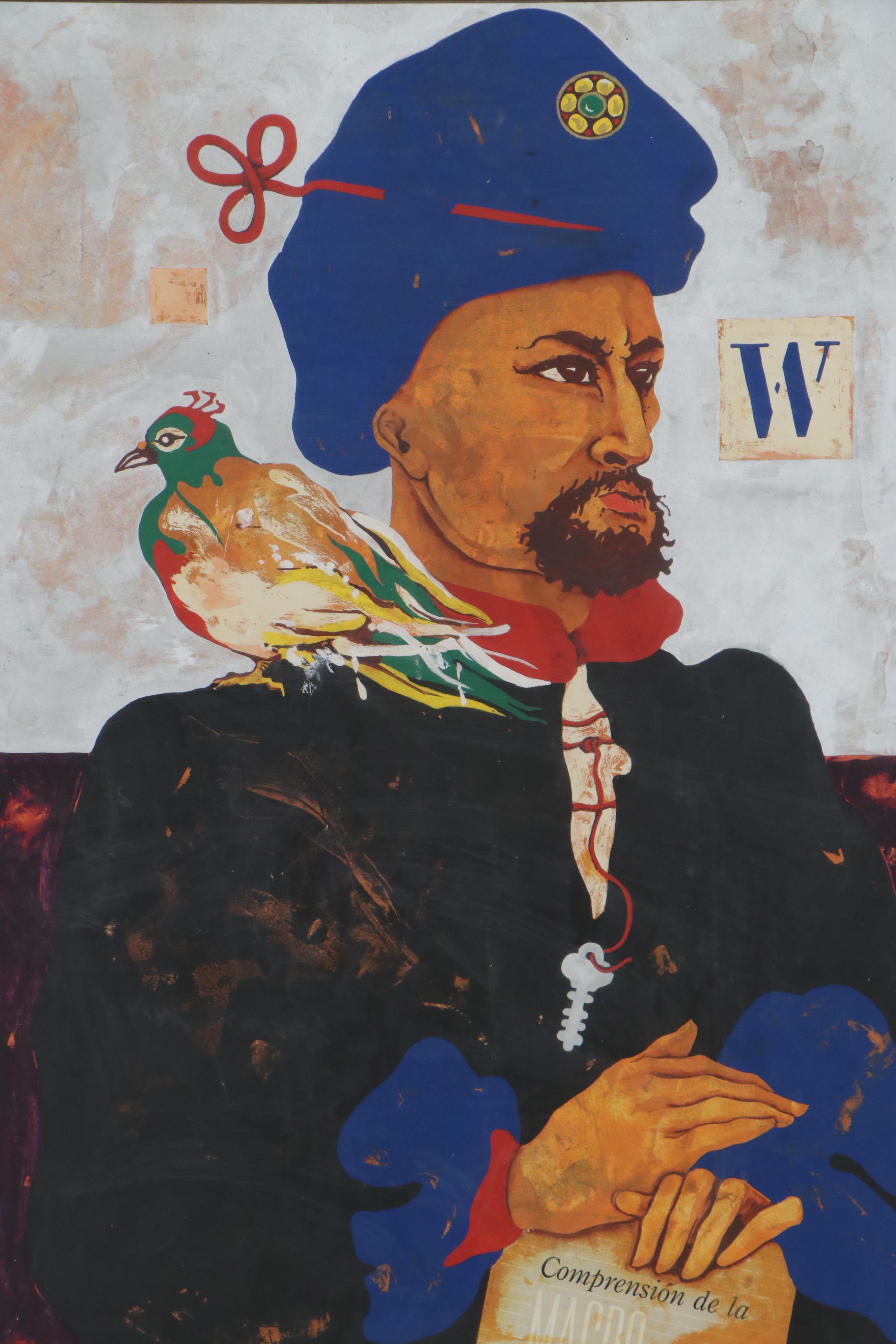 Roberto Cabrera Mixed Media Portrait Painting of a Man with Bird, 1978