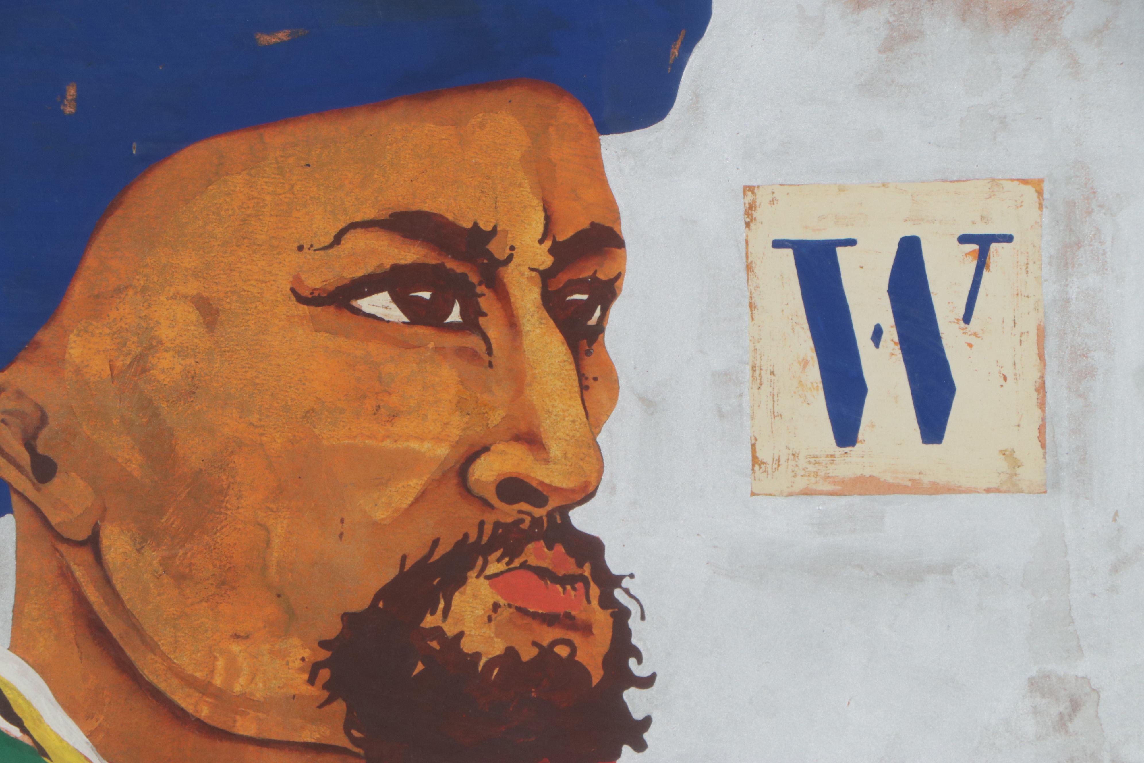 Roberto Cabrera Mixed Media Portrait Painting of a Man with Bird, 1978