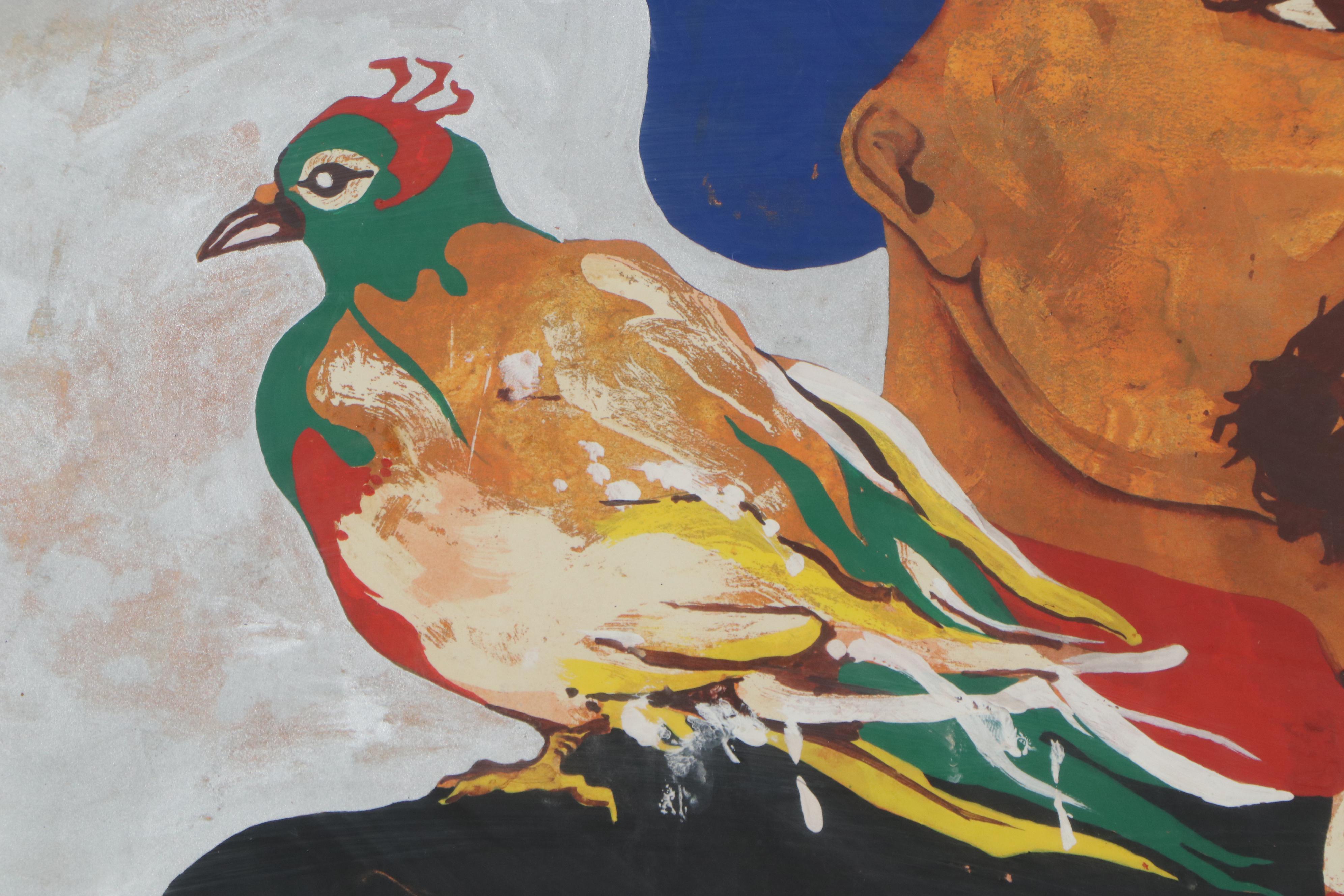Roberto Cabrera Mixed Media Portrait Painting of a Man with Bird, 1978