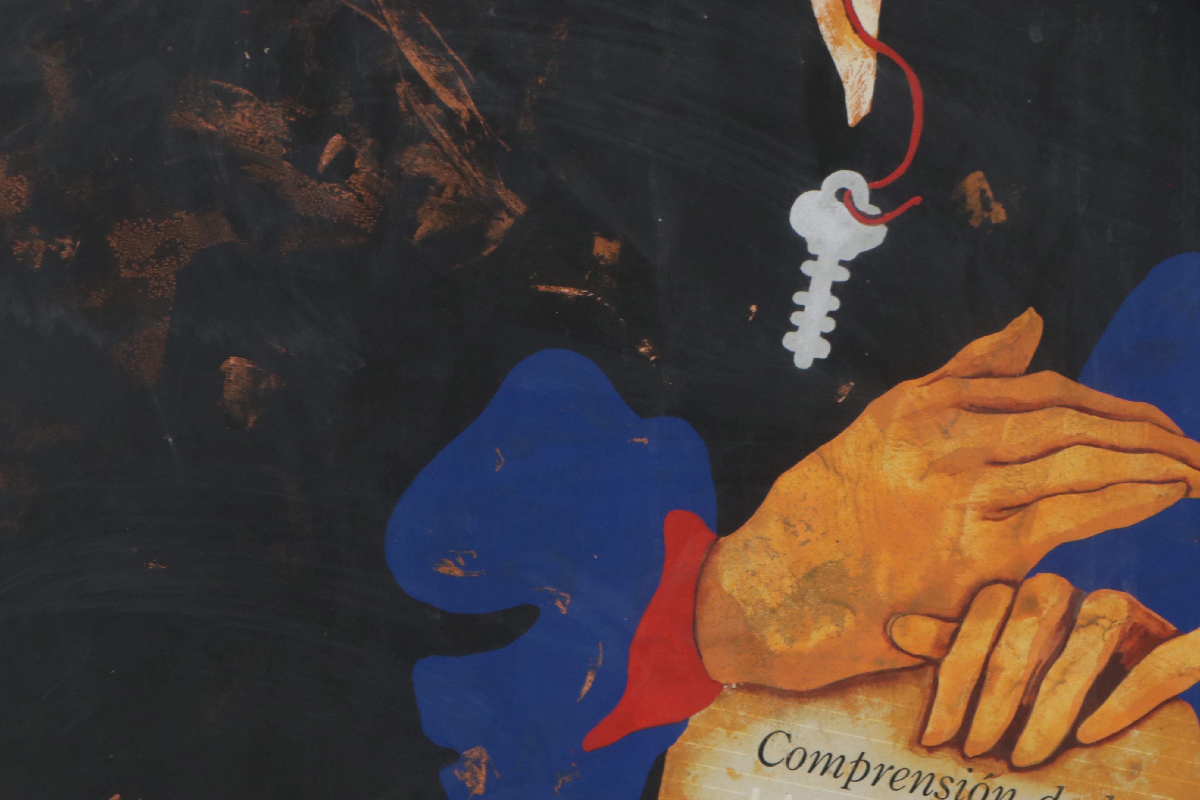 Roberto Cabrera Mixed Media Portrait Painting of a Man with Bird, 1978