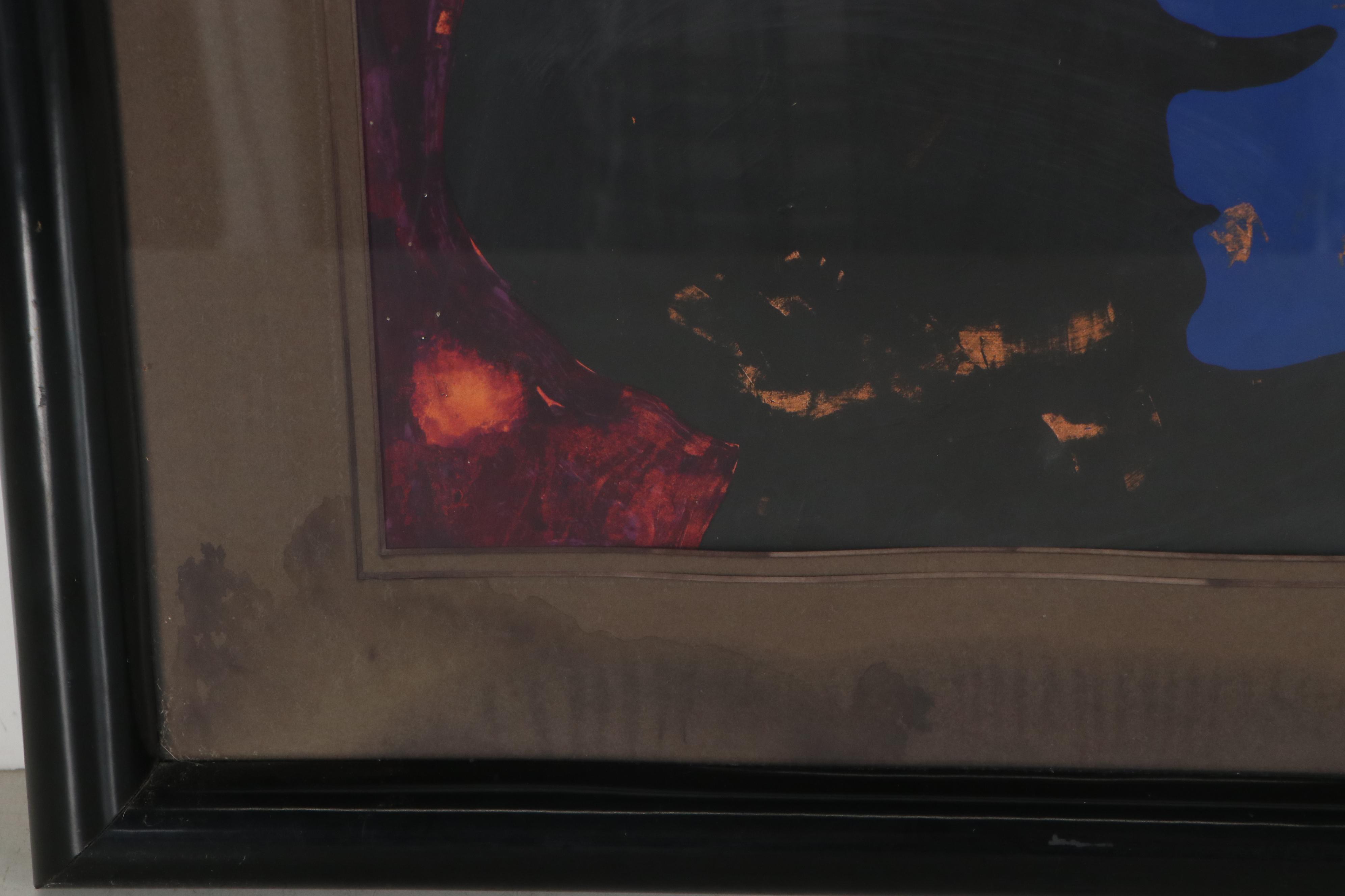 Roberto Cabrera Mixed Media Portrait Painting of a Man with Bird, 1978