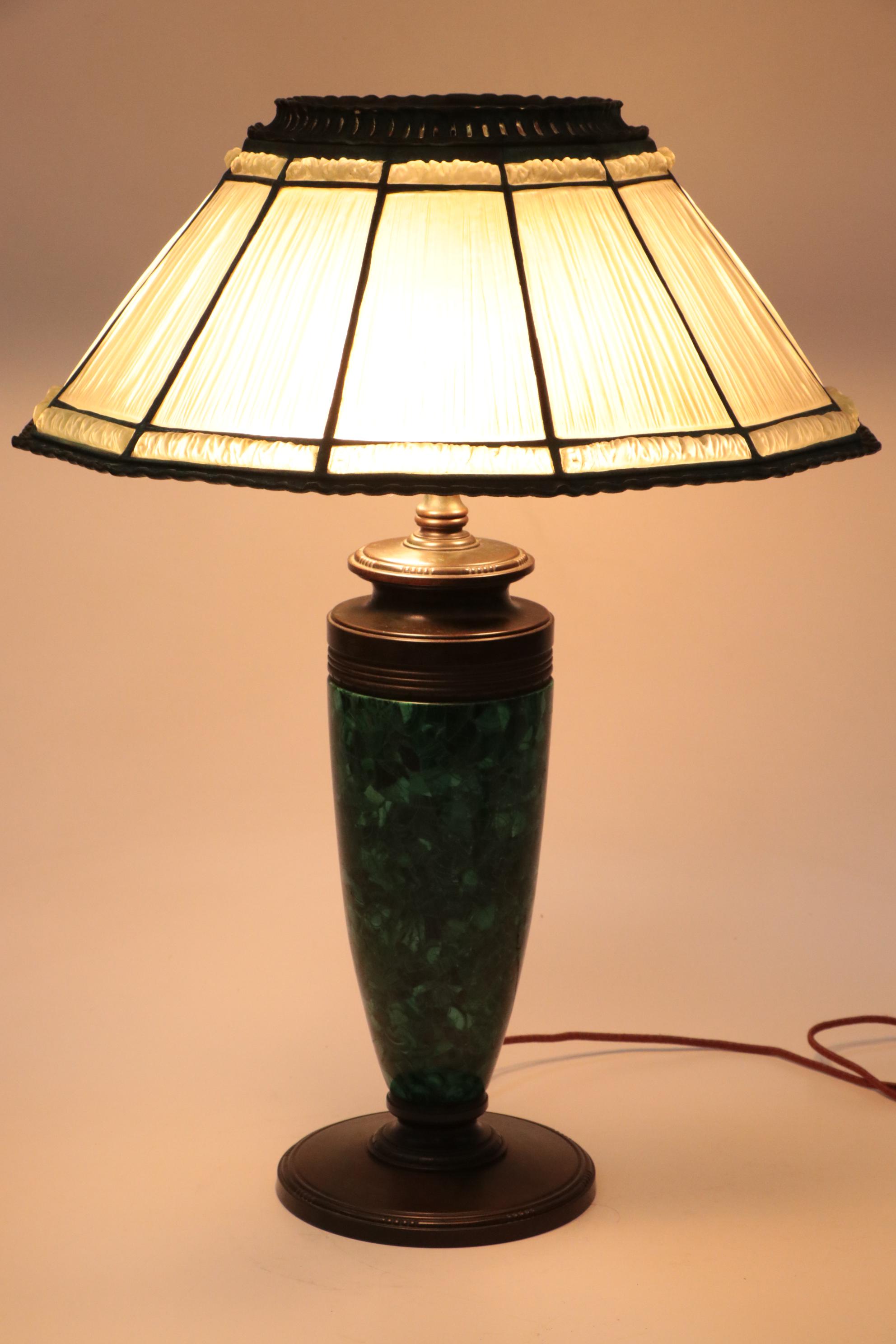 Tiffany Studios Linenfold Glass Lamp Shade with Malachite Lamp Base