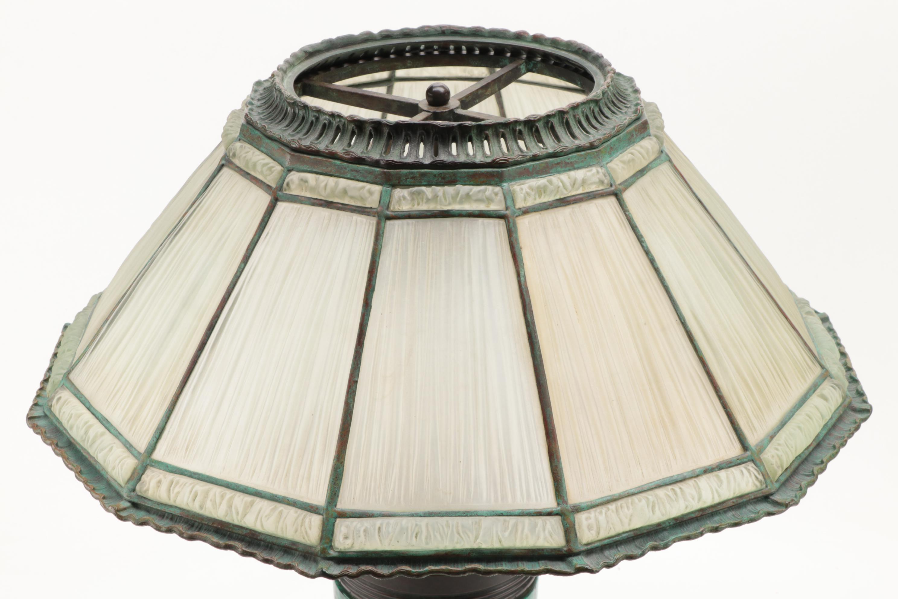 Tiffany Studios Linenfold Glass Lamp Shade with Malachite Lamp Base