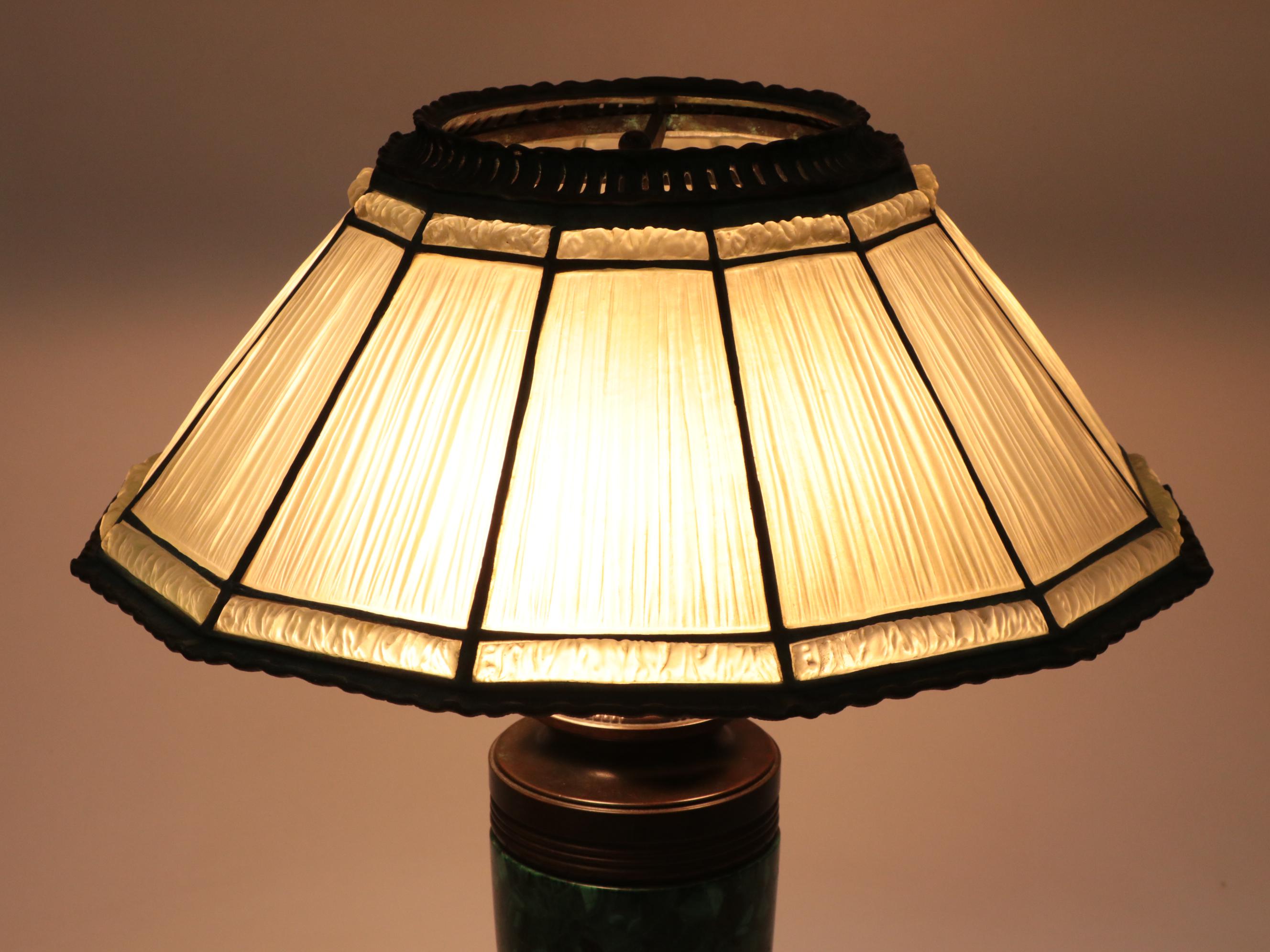 Tiffany Studios Linenfold Glass Lamp Shade with Malachite Lamp Base