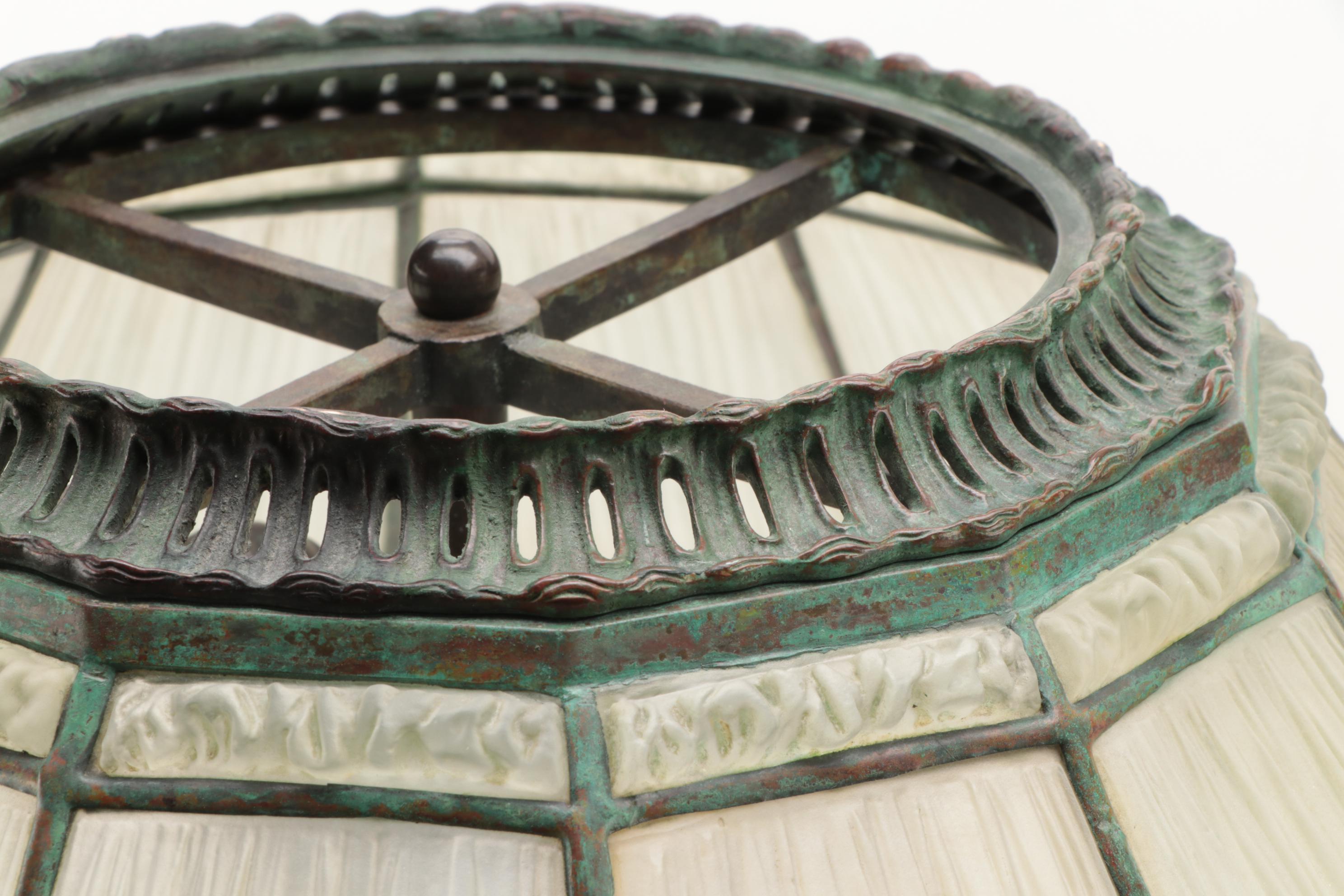 Tiffany Studios Linenfold Glass Lamp Shade with Malachite Lamp Base