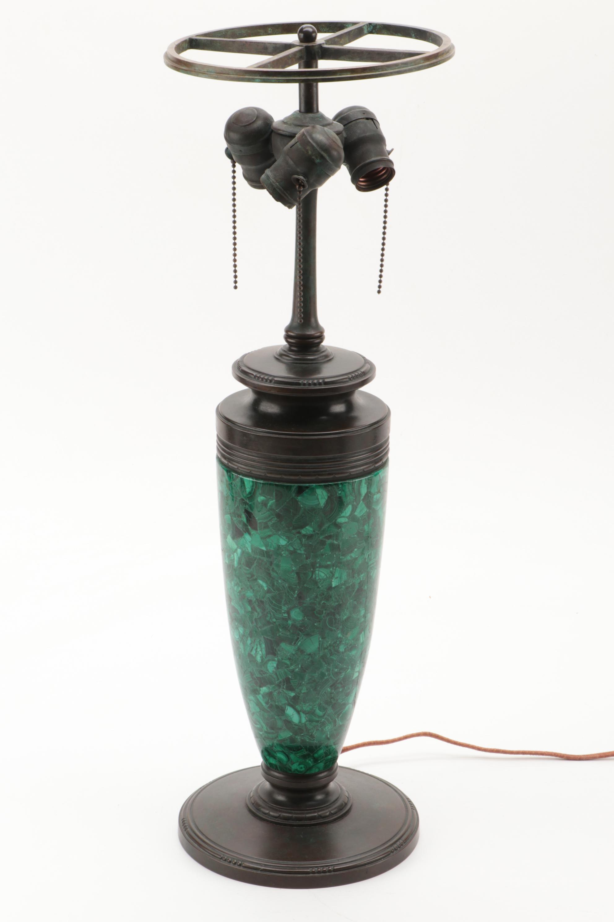 Tiffany Studios Linenfold Glass Lamp Shade with Malachite Lamp Base