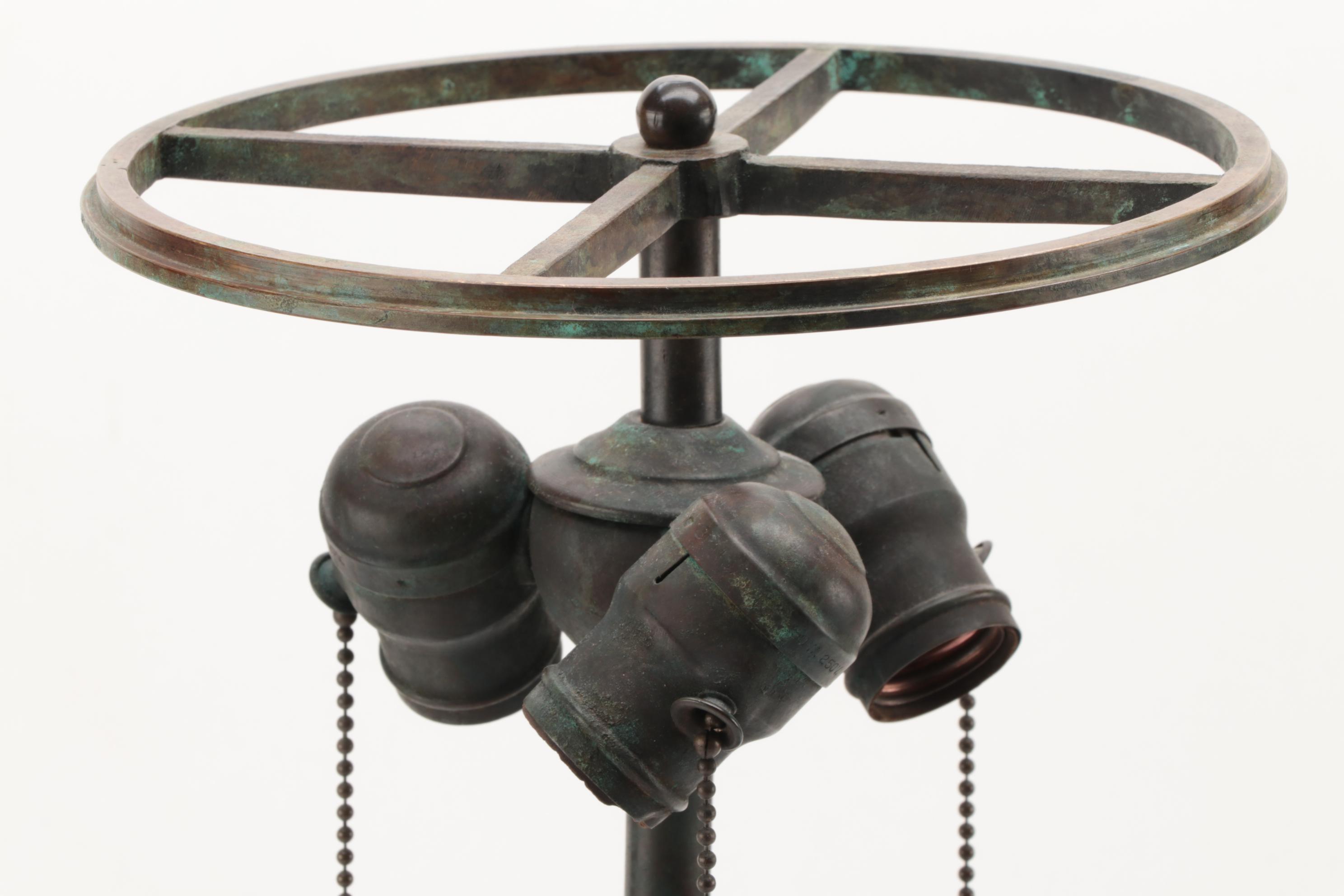 Tiffany Studios Linenfold Glass Lamp Shade with Malachite Lamp Base