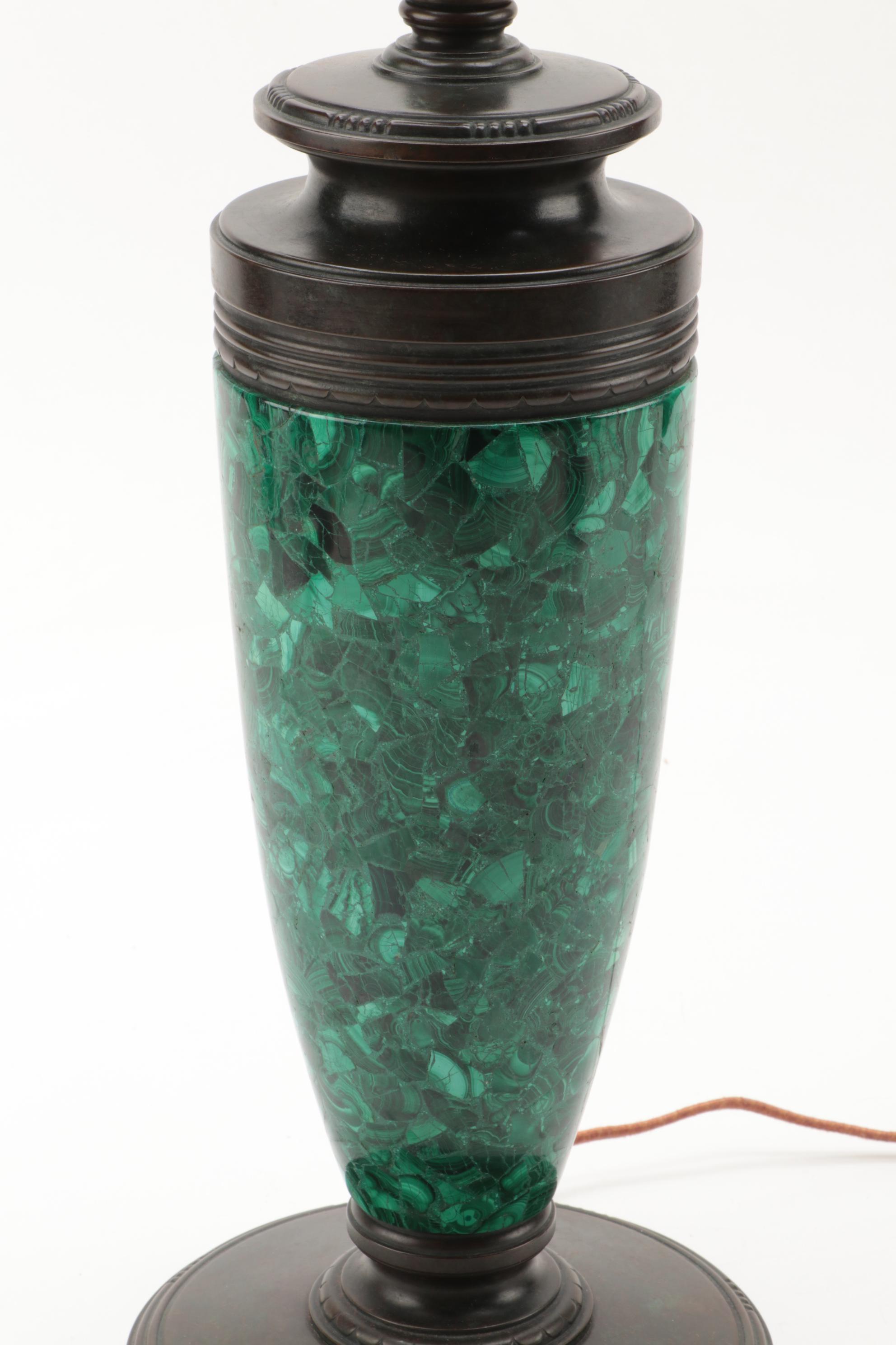 Tiffany Studios Linenfold Glass Lamp Shade with Malachite Lamp Base