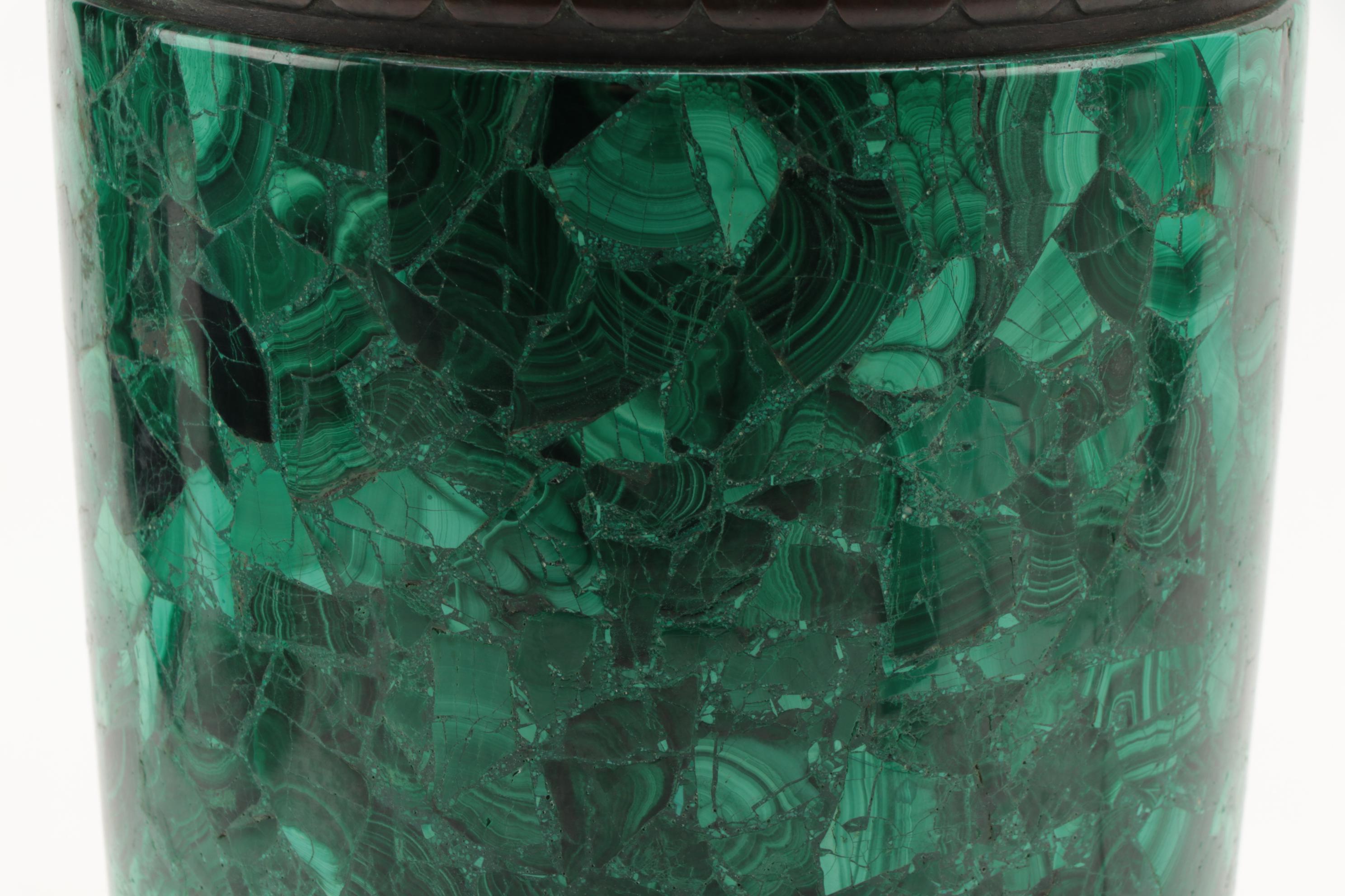 Tiffany Studios Linenfold Glass Lamp Shade with Malachite Lamp Base