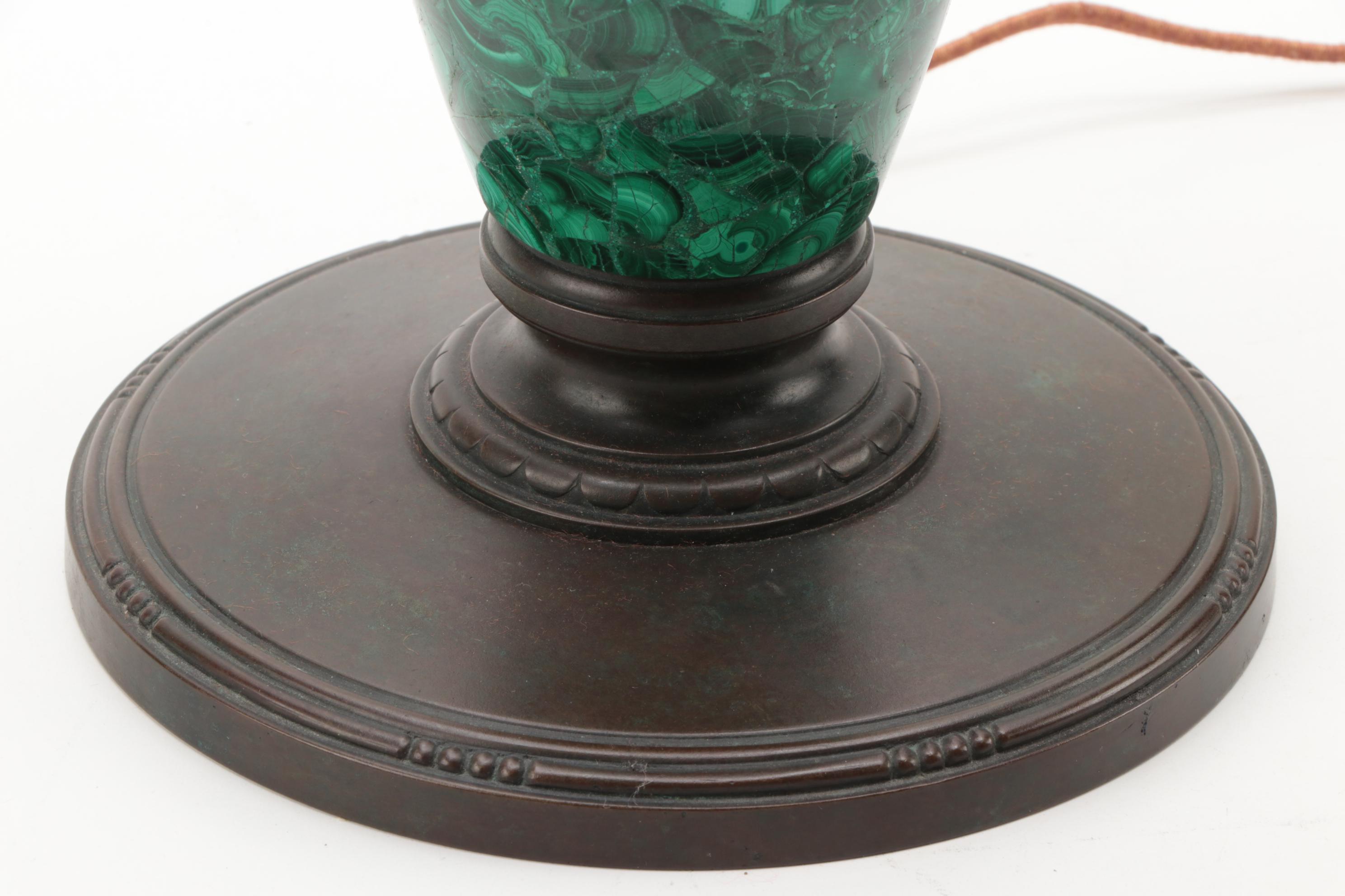 Tiffany Studios Linenfold Glass Lamp Shade with Malachite Lamp Base