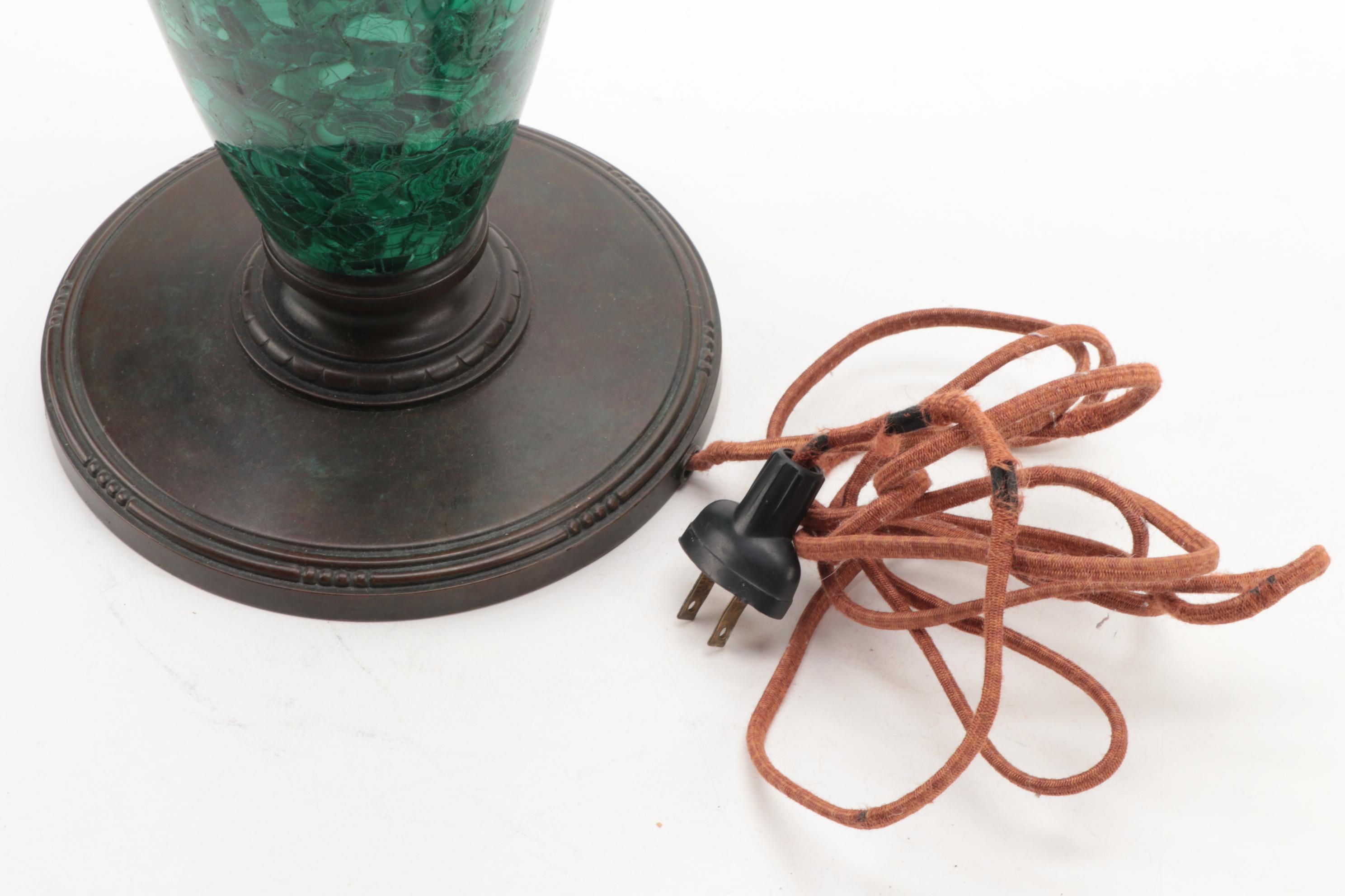 Tiffany Studios Linenfold Glass Lamp Shade with Malachite Lamp Base