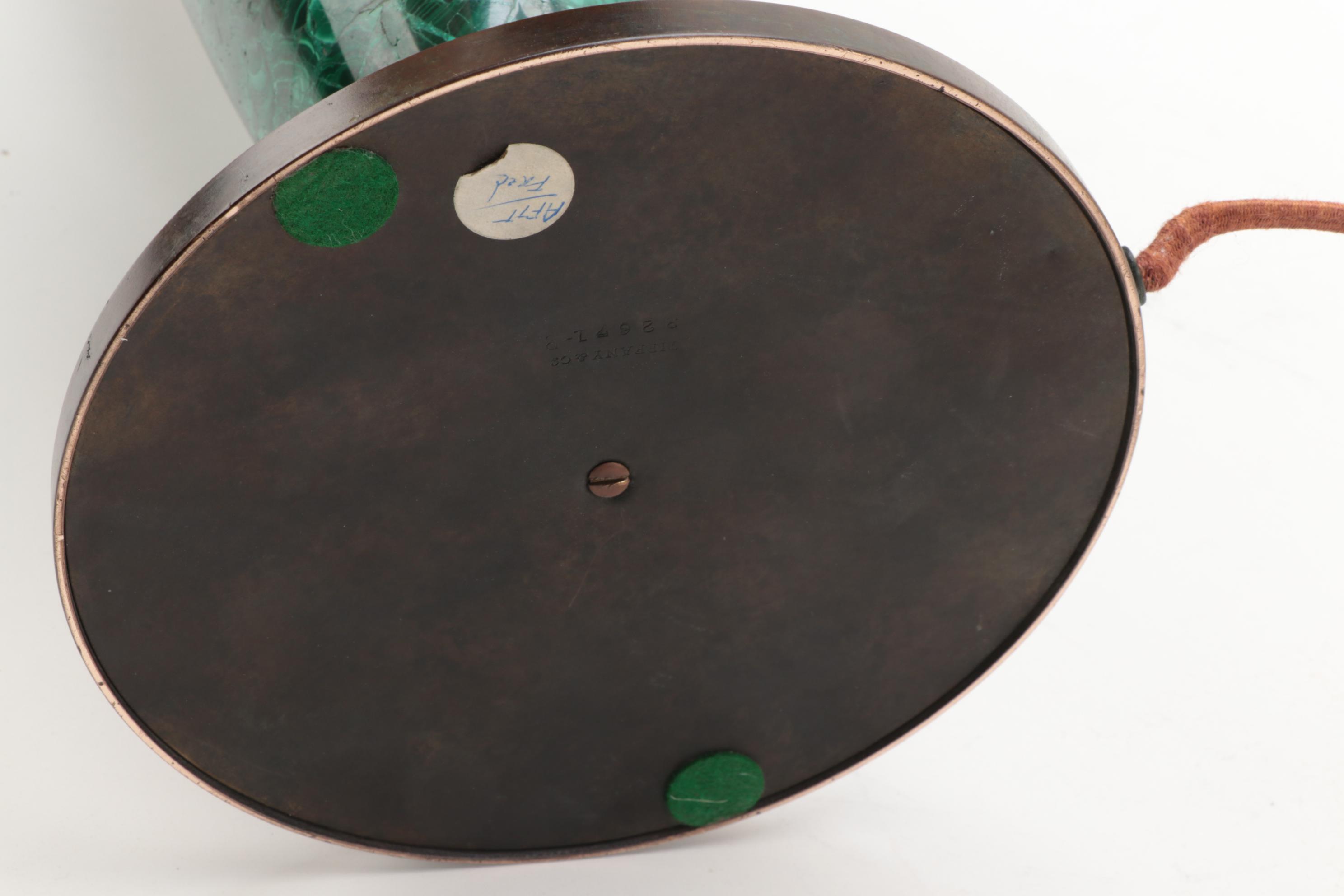 Tiffany Studios Linenfold Glass Lamp Shade with Malachite Lamp Base