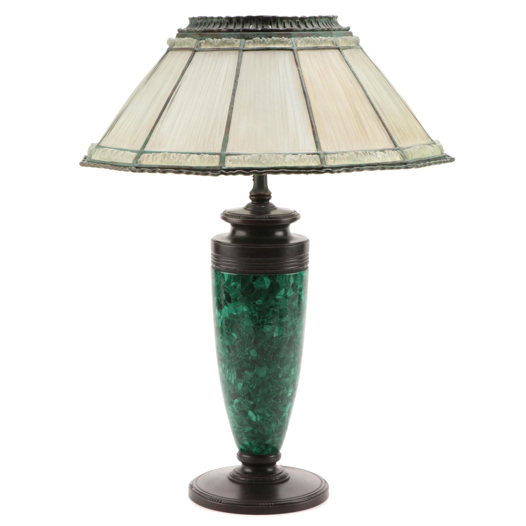Tiffany Studios Linenfold Glass Lamp Shade with Malachite Lamp Base
