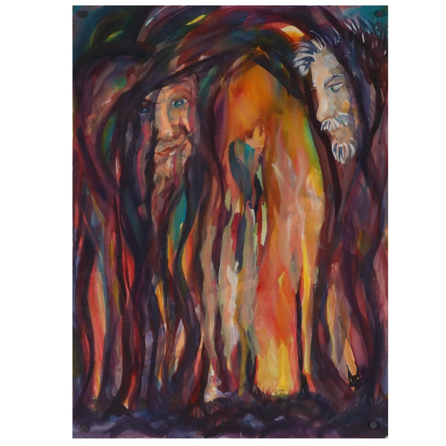 Kathleen Zimbicki Double-Sided Watercolor Painting of Two Faces, 21st Century