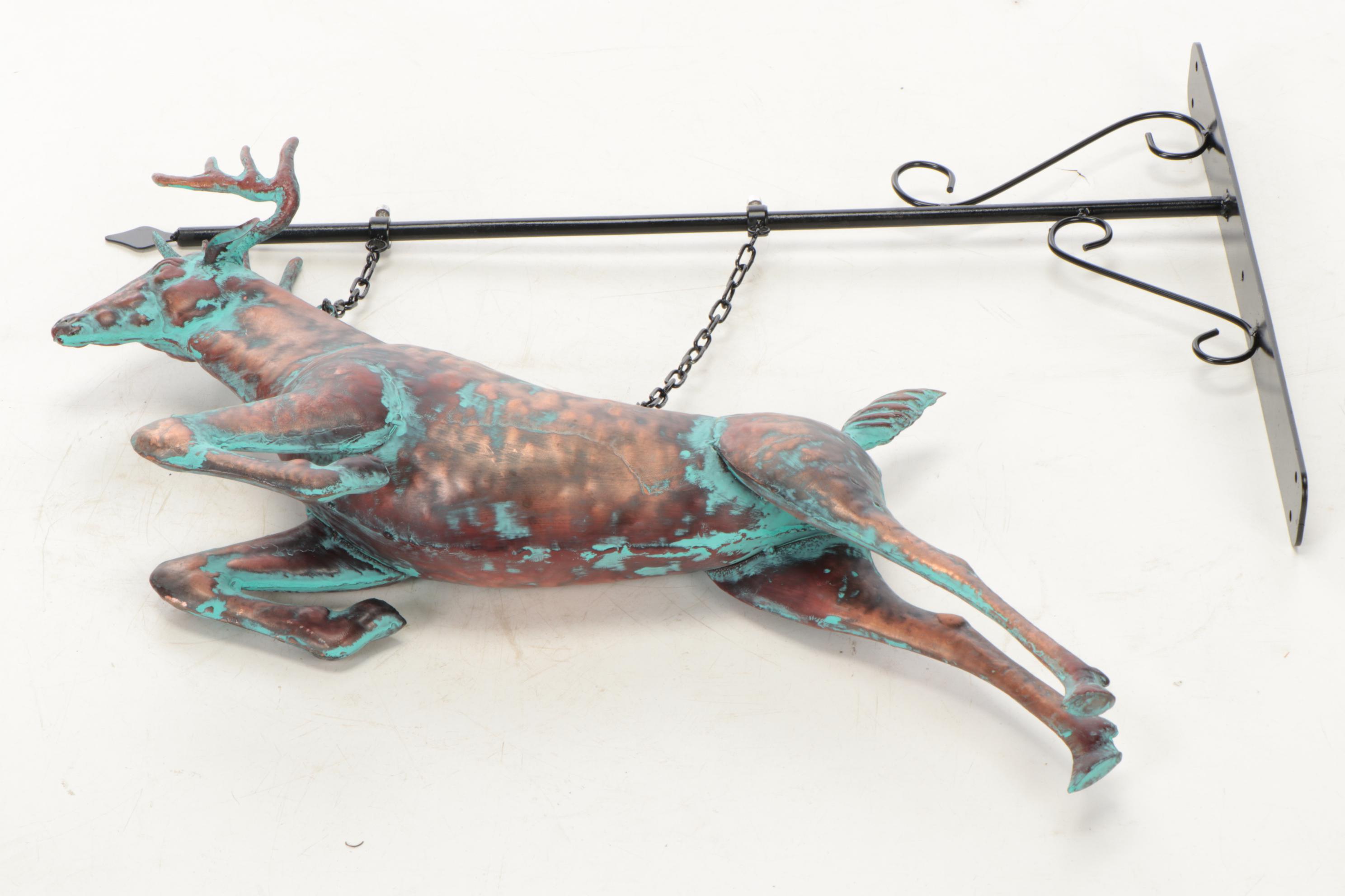 Patinated Copper Figural Leaping Stag Weathervane on Wall Bracket