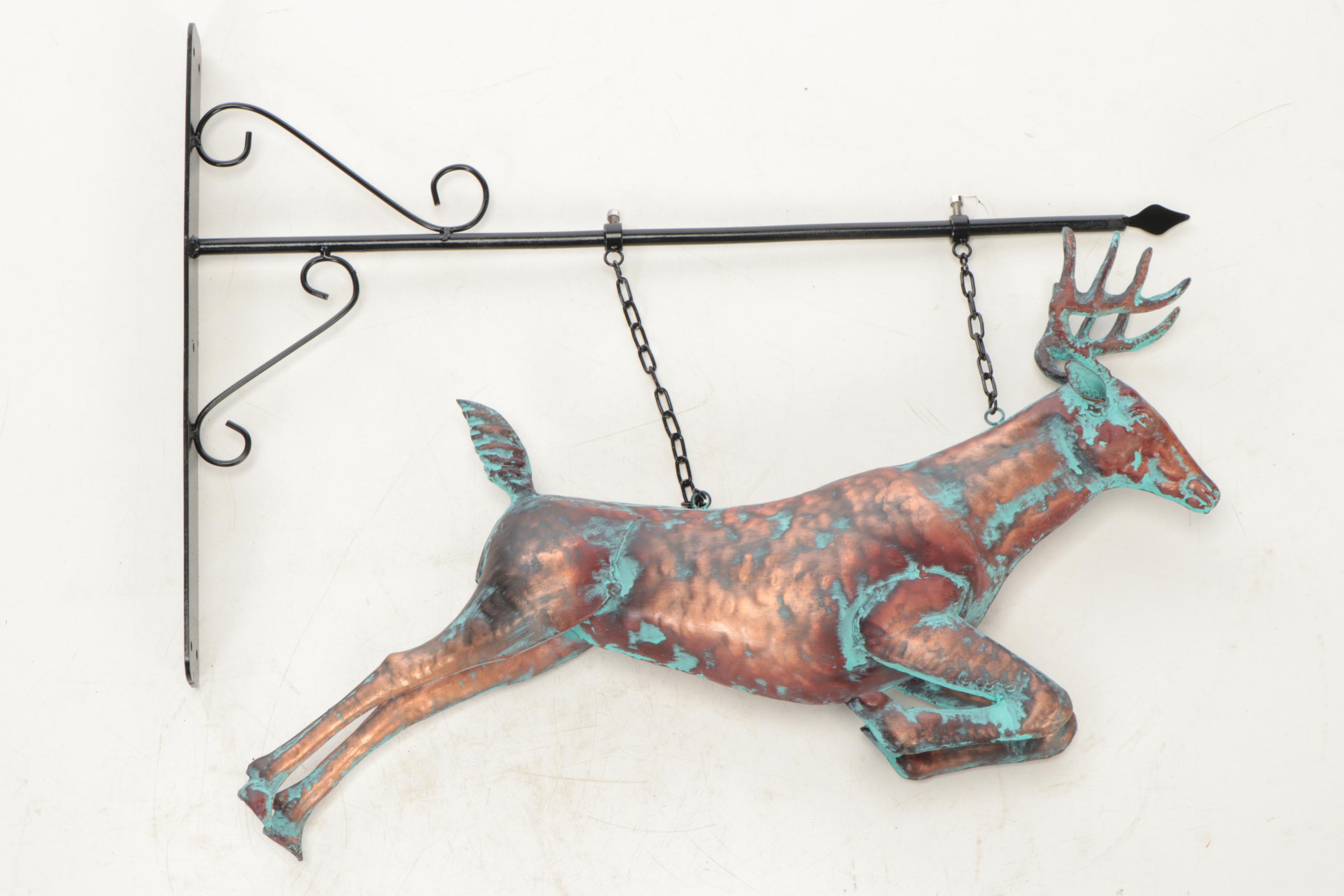 Patinated Copper Figural Leaping Stag Weathervane on Wall Bracket