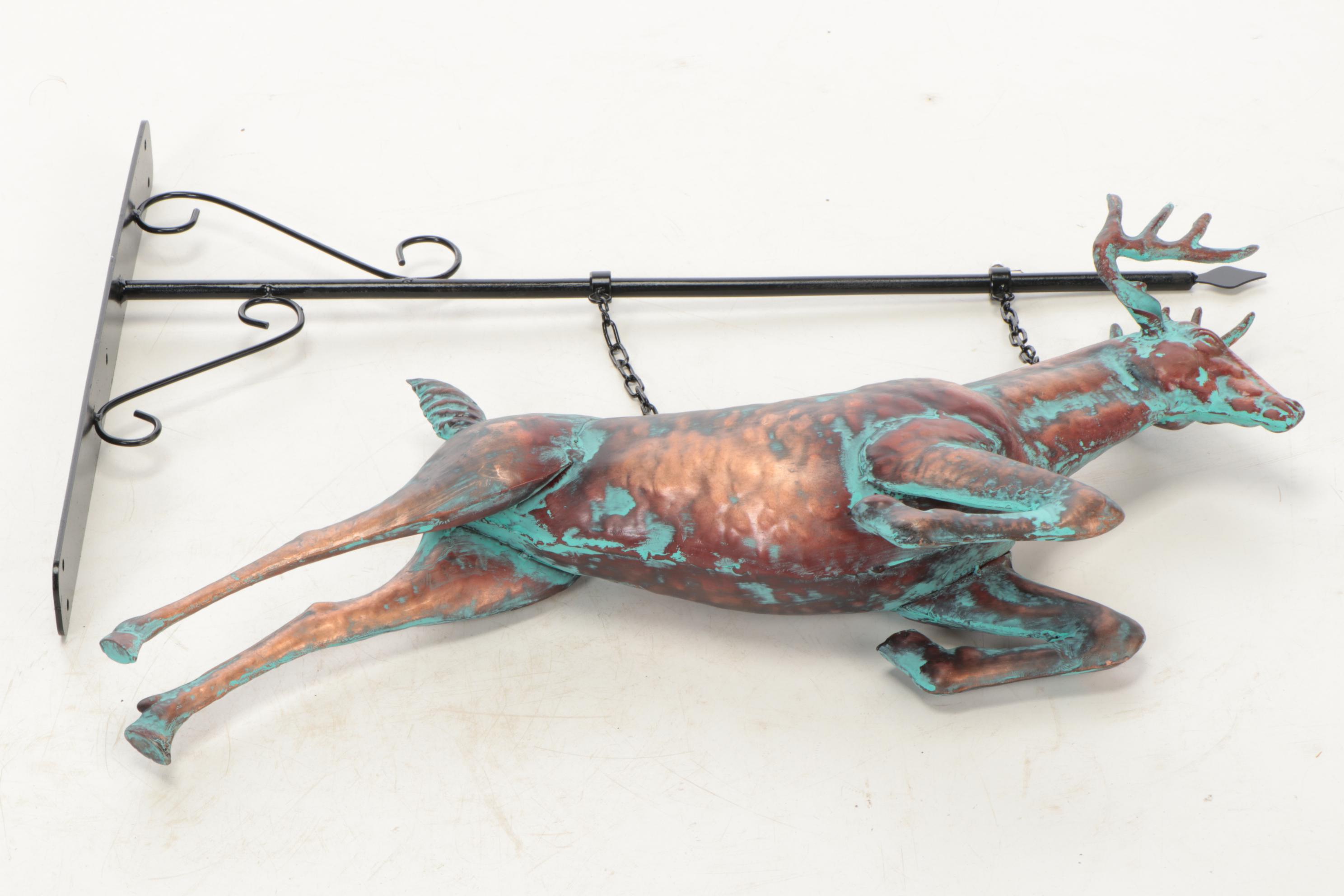 Patinated Copper Figural Leaping Stag Weathervane on Wall Bracket