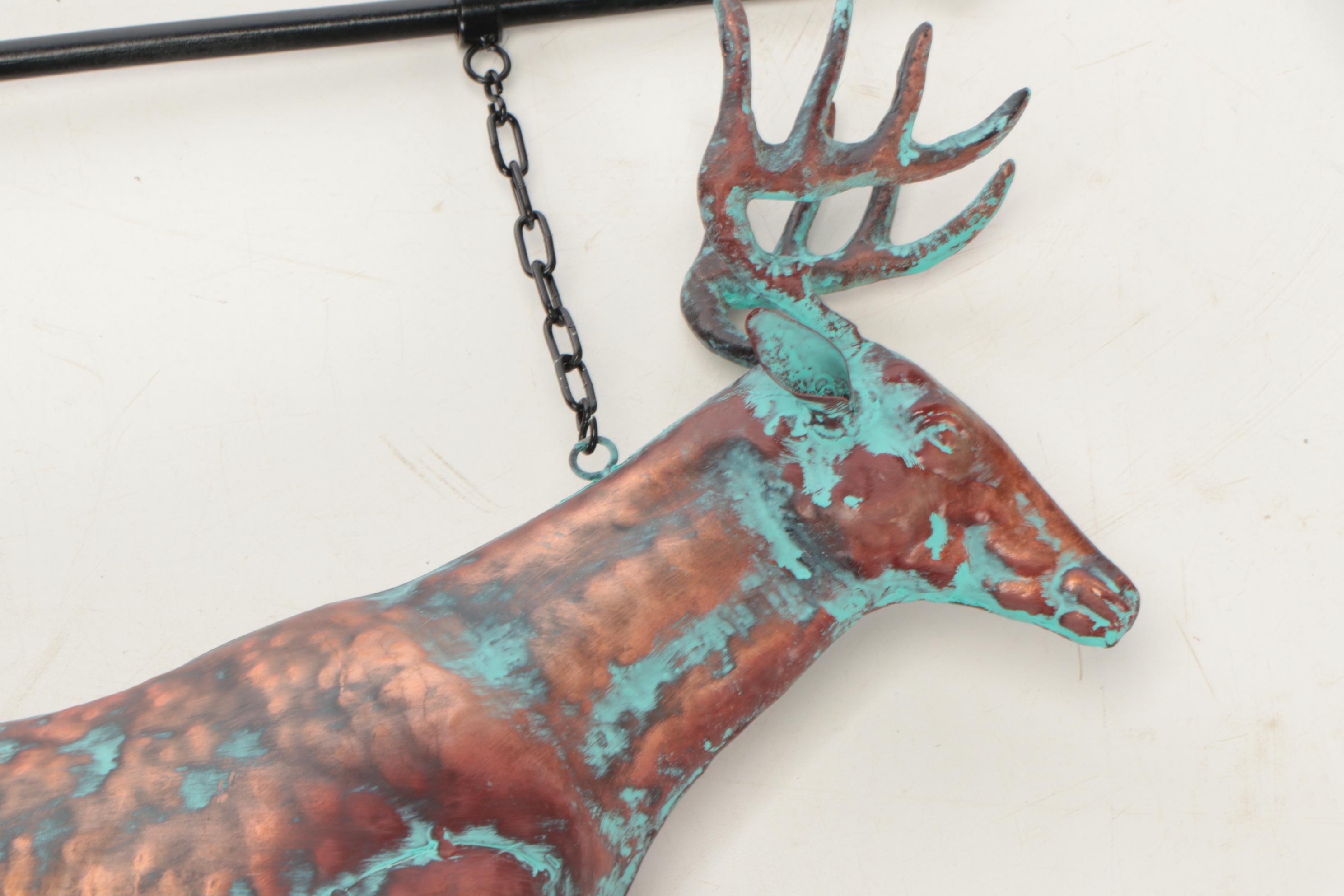 Patinated Copper Figural Leaping Stag Weathervane on Wall Bracket