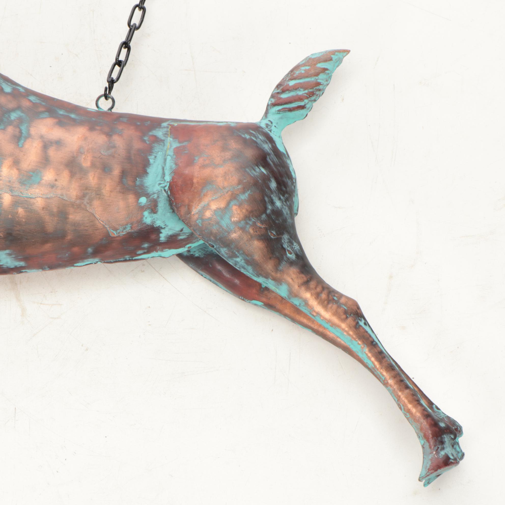 Patinated Copper Figural Leaping Stag Weathervane on Wall Bracket