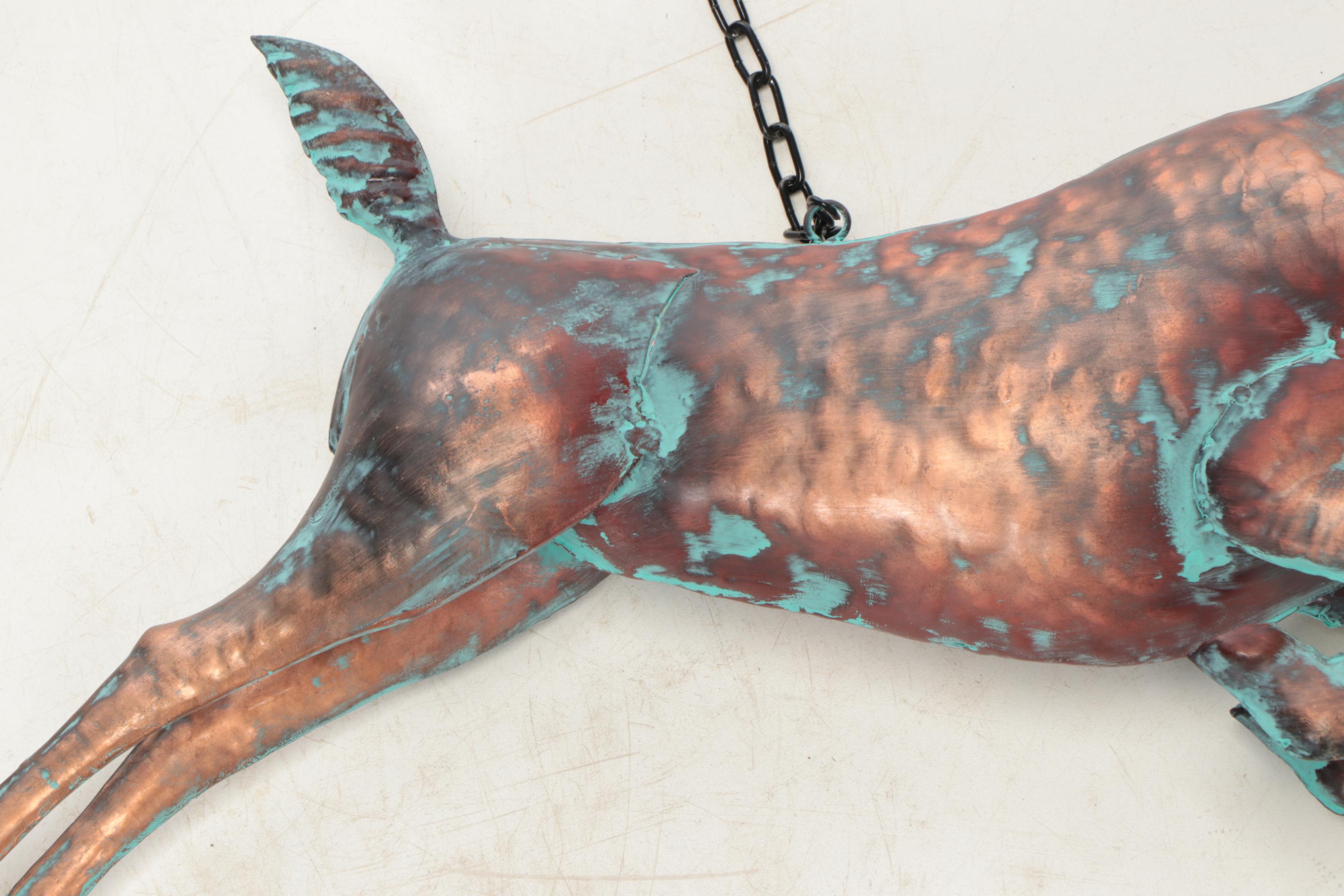 Patinated Copper Figural Leaping Stag Weathervane on Wall Bracket