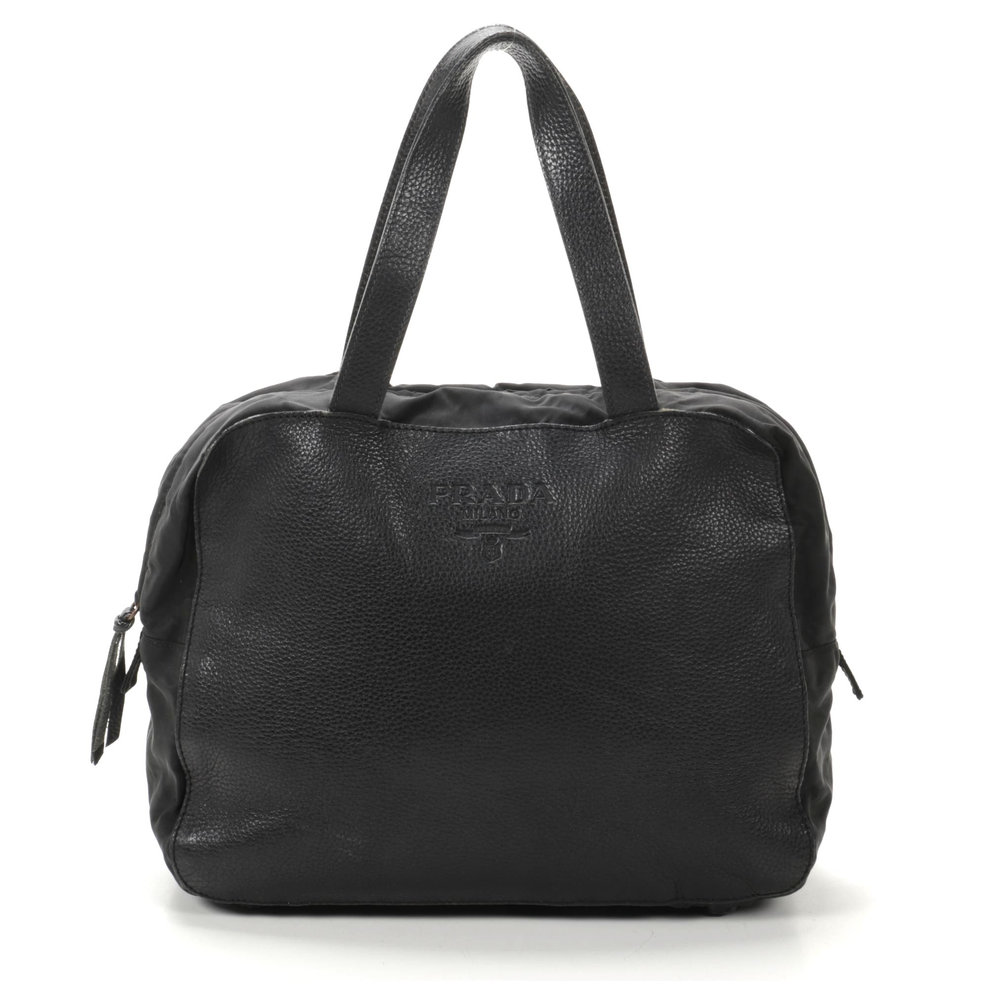 Prada Black Daino Leather and Tessuto Nylon Bowler Bag