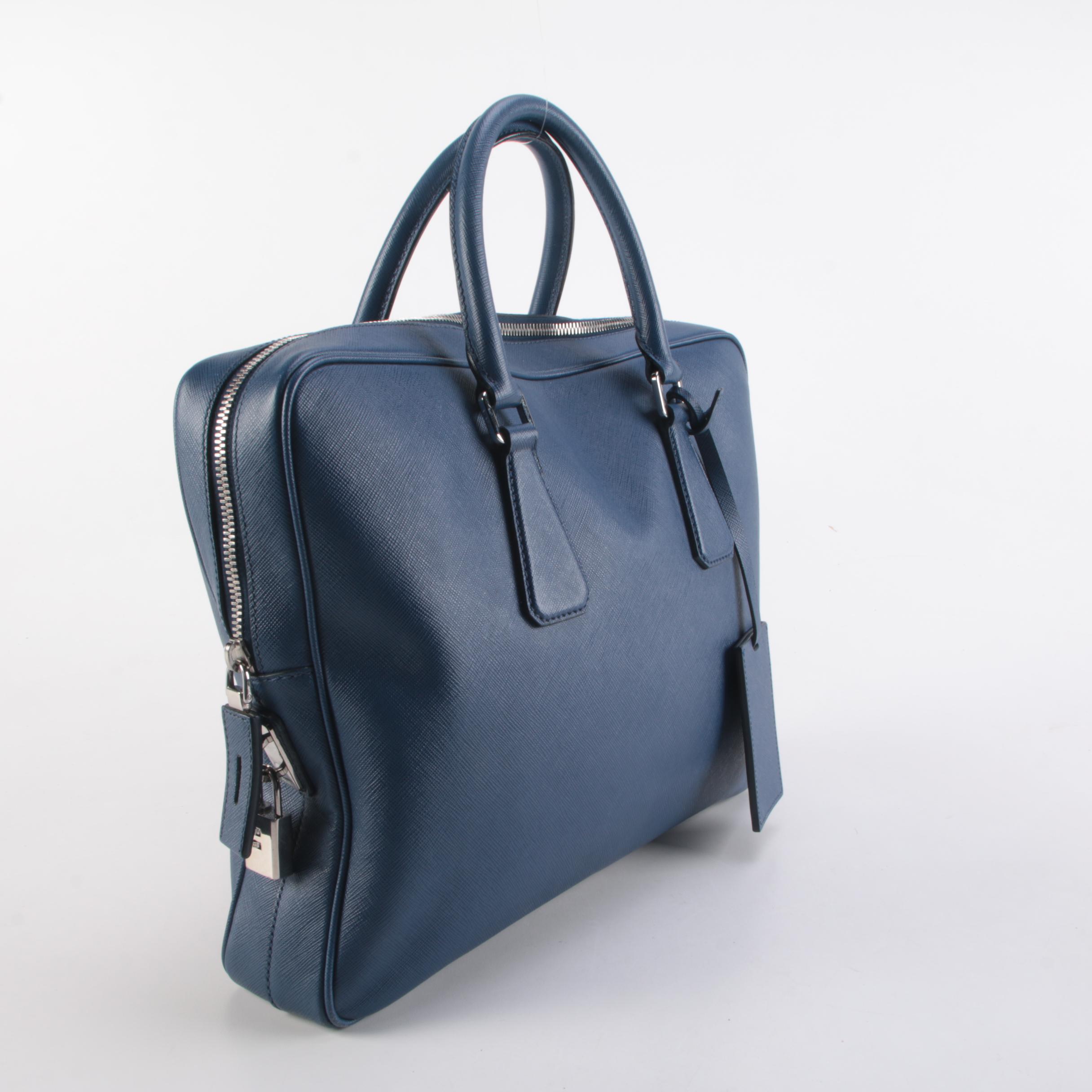 Prada Attaché Briefcase in Bluette Saffiano Leather